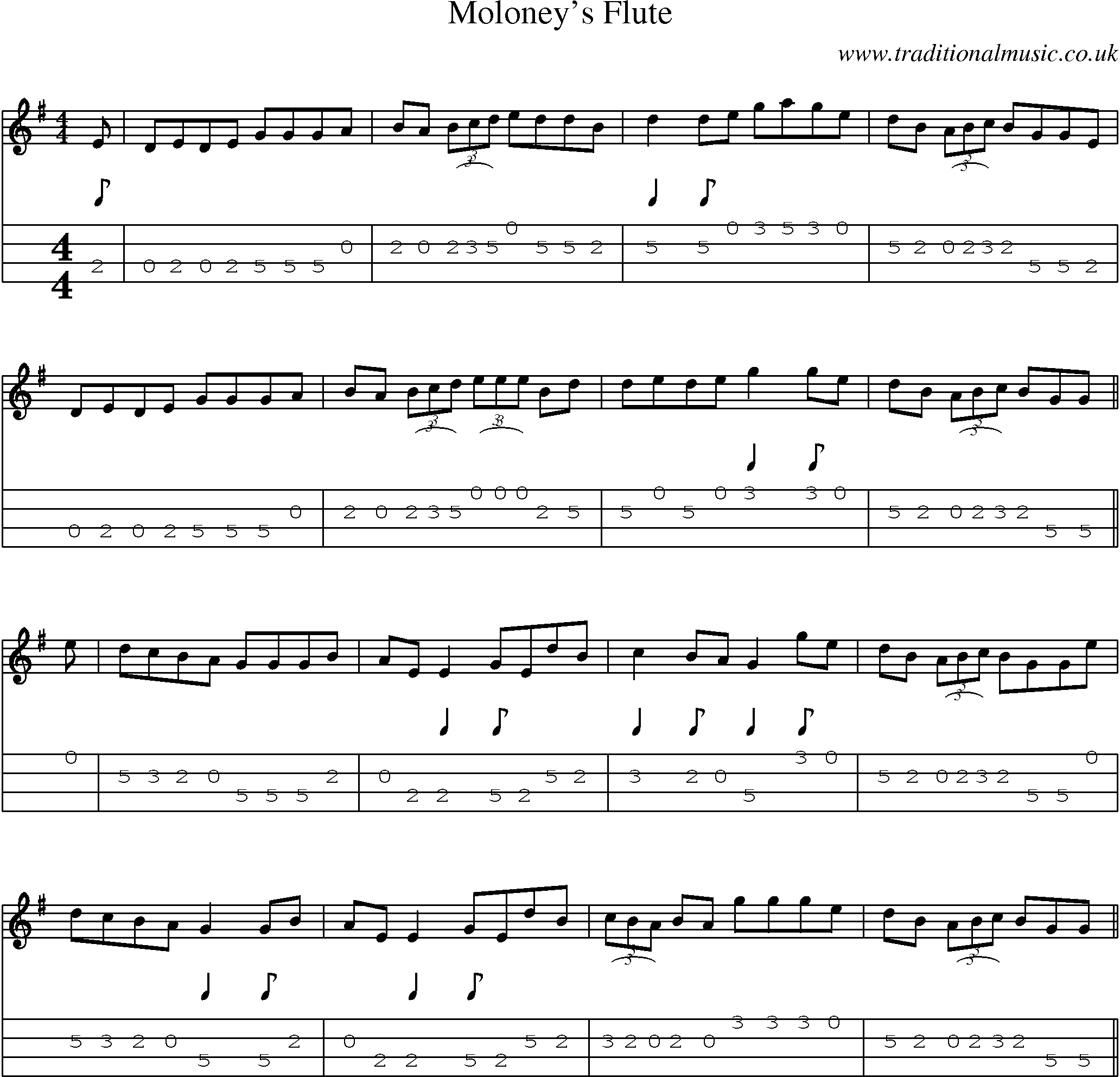 Music Score and Mandolin Tabs for Moloneys Flute