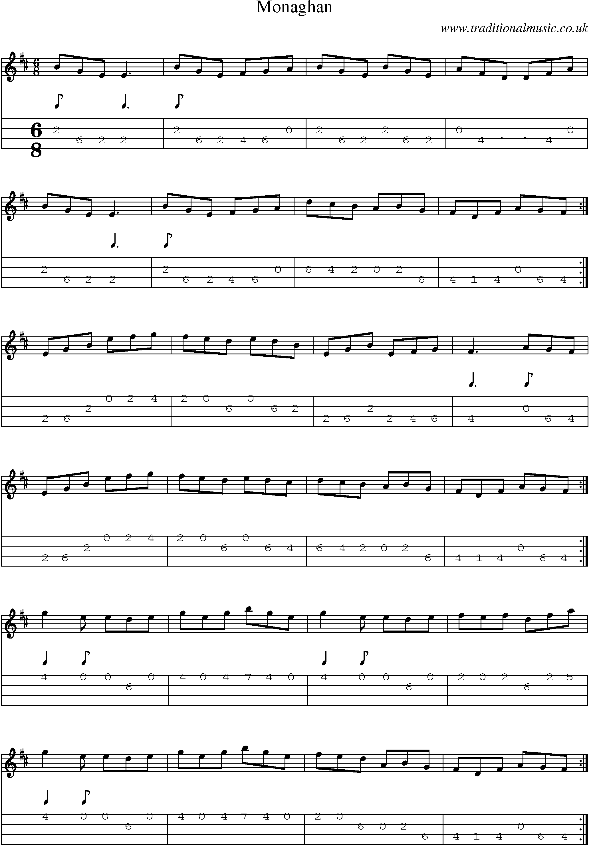 Music Score and Mandolin Tabs for Monaghan