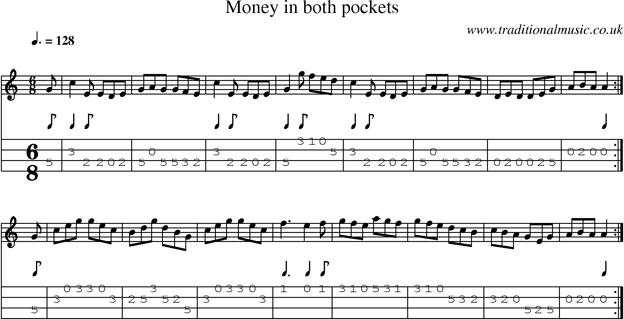 Music Score and Mandolin Tabs for Money In Both Pockets