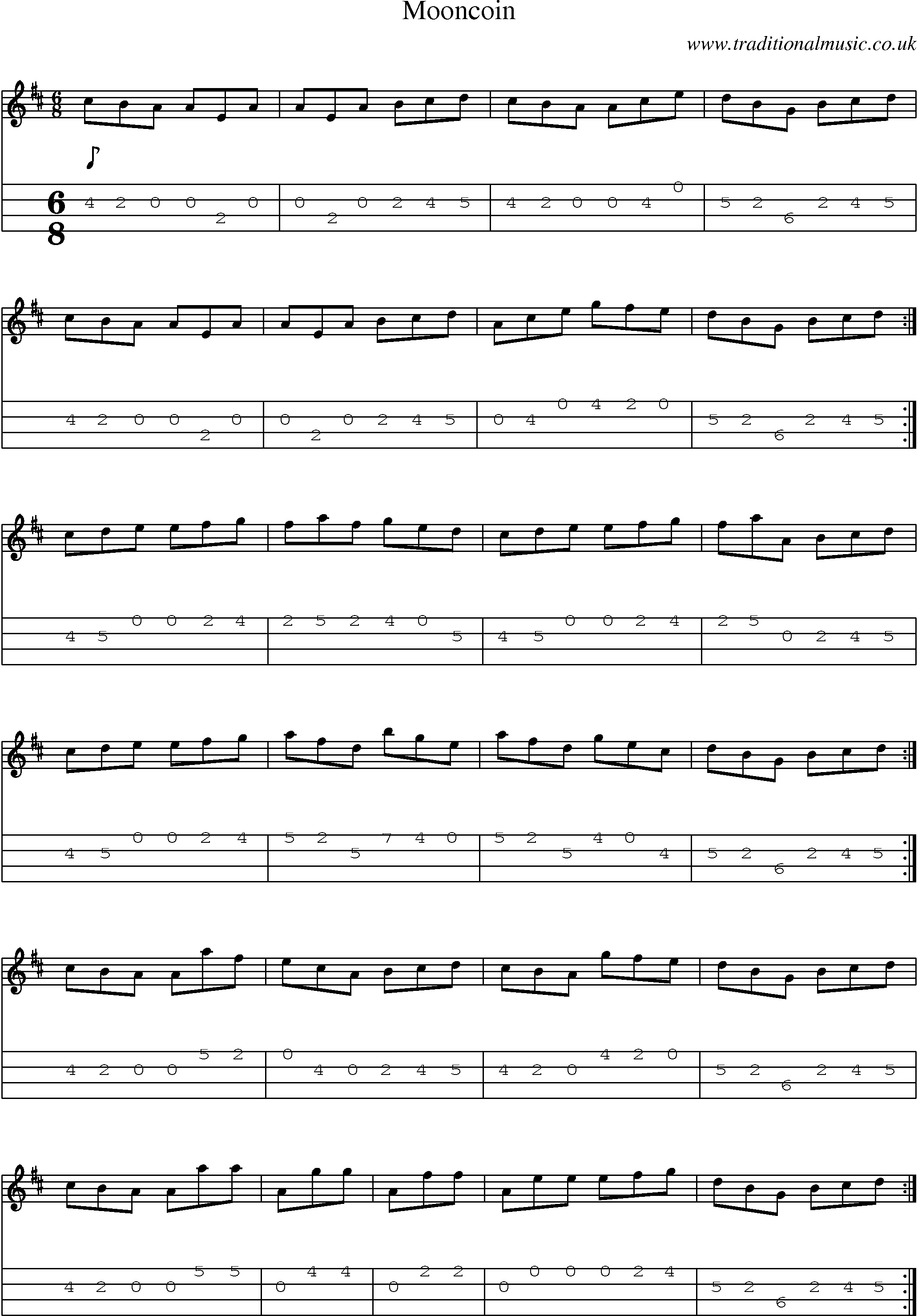 Music Score and Mandolin Tabs for Mooncoin