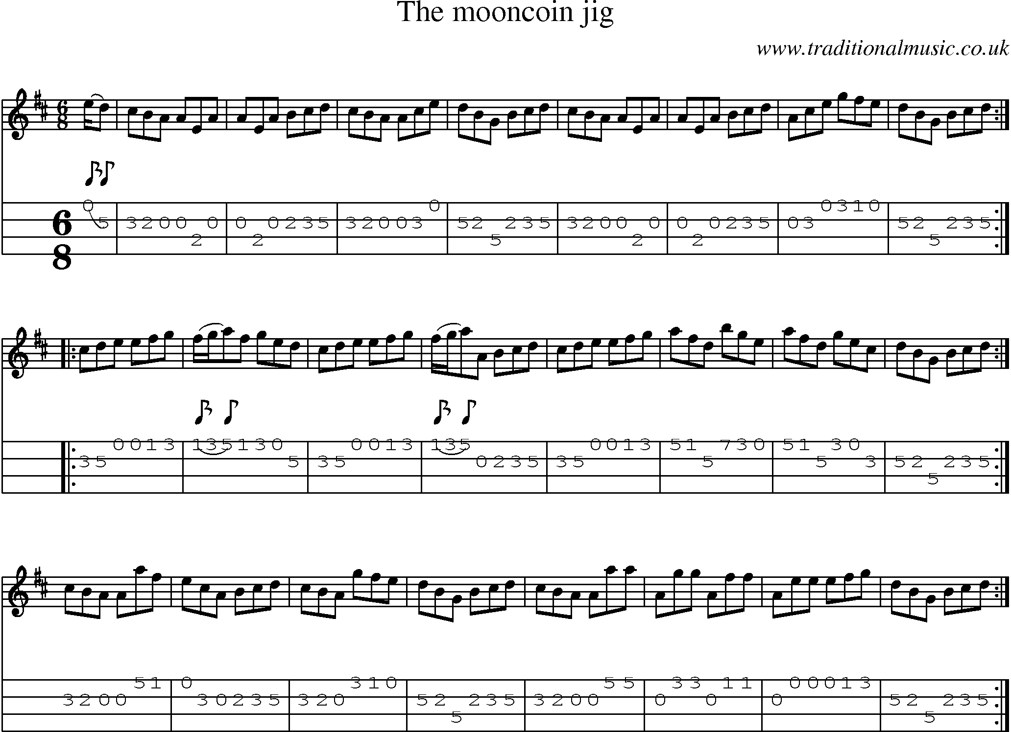Music Score and Mandolin Tabs for Mooncoin Jig
