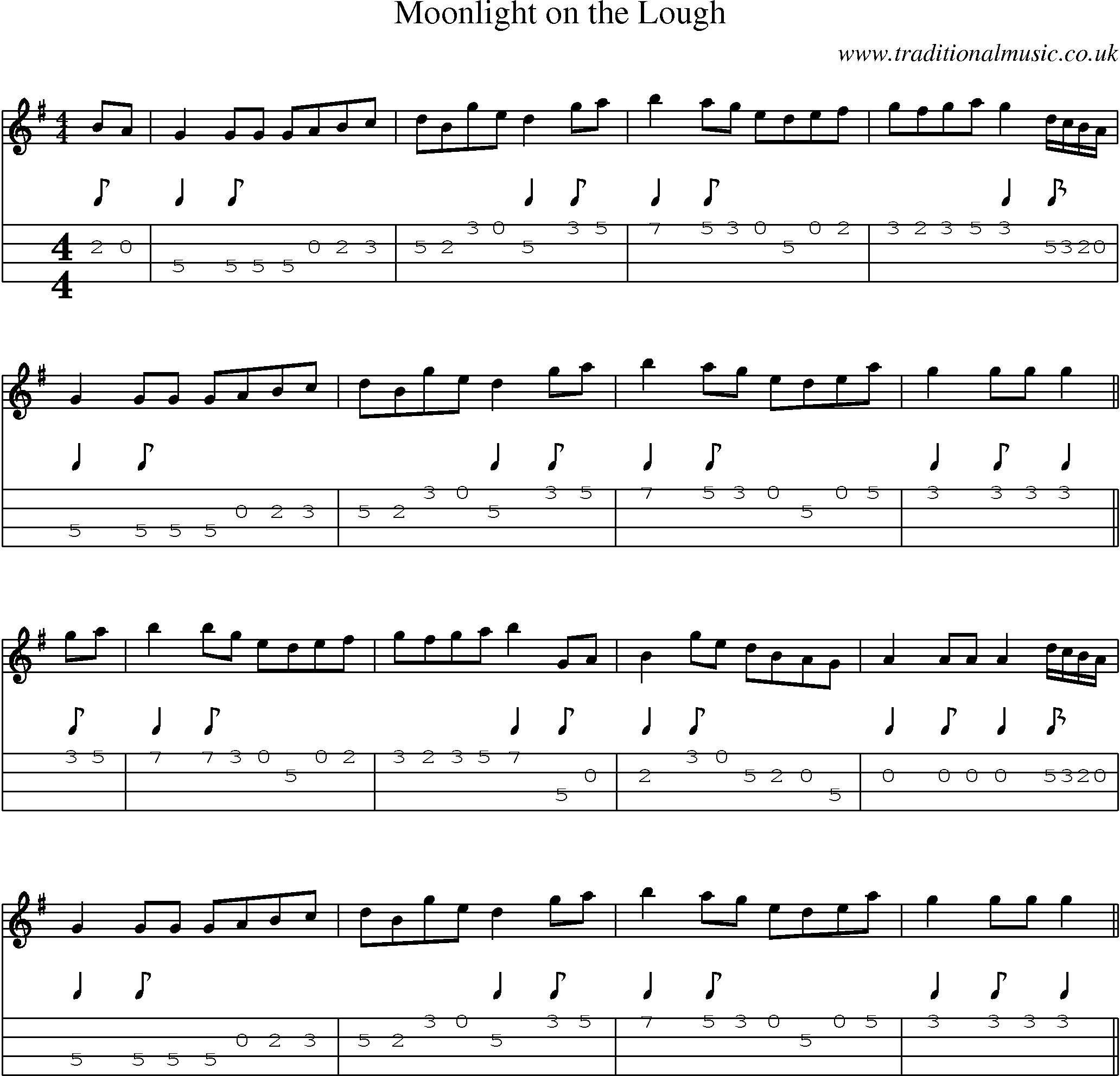 Music Score and Mandolin Tabs for Moonlight On Lough