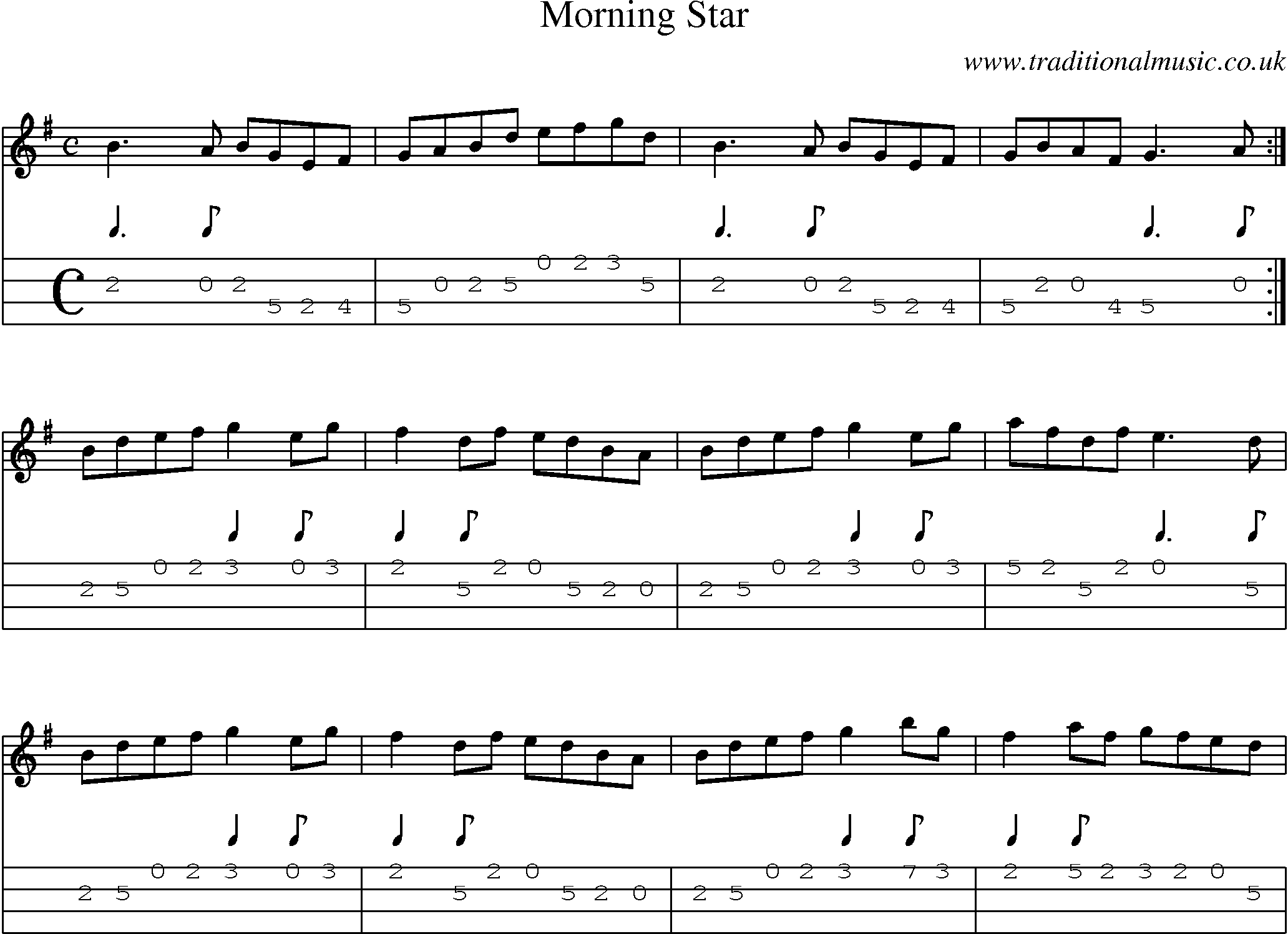 Music Score and Mandolin Tabs for Morning Star
