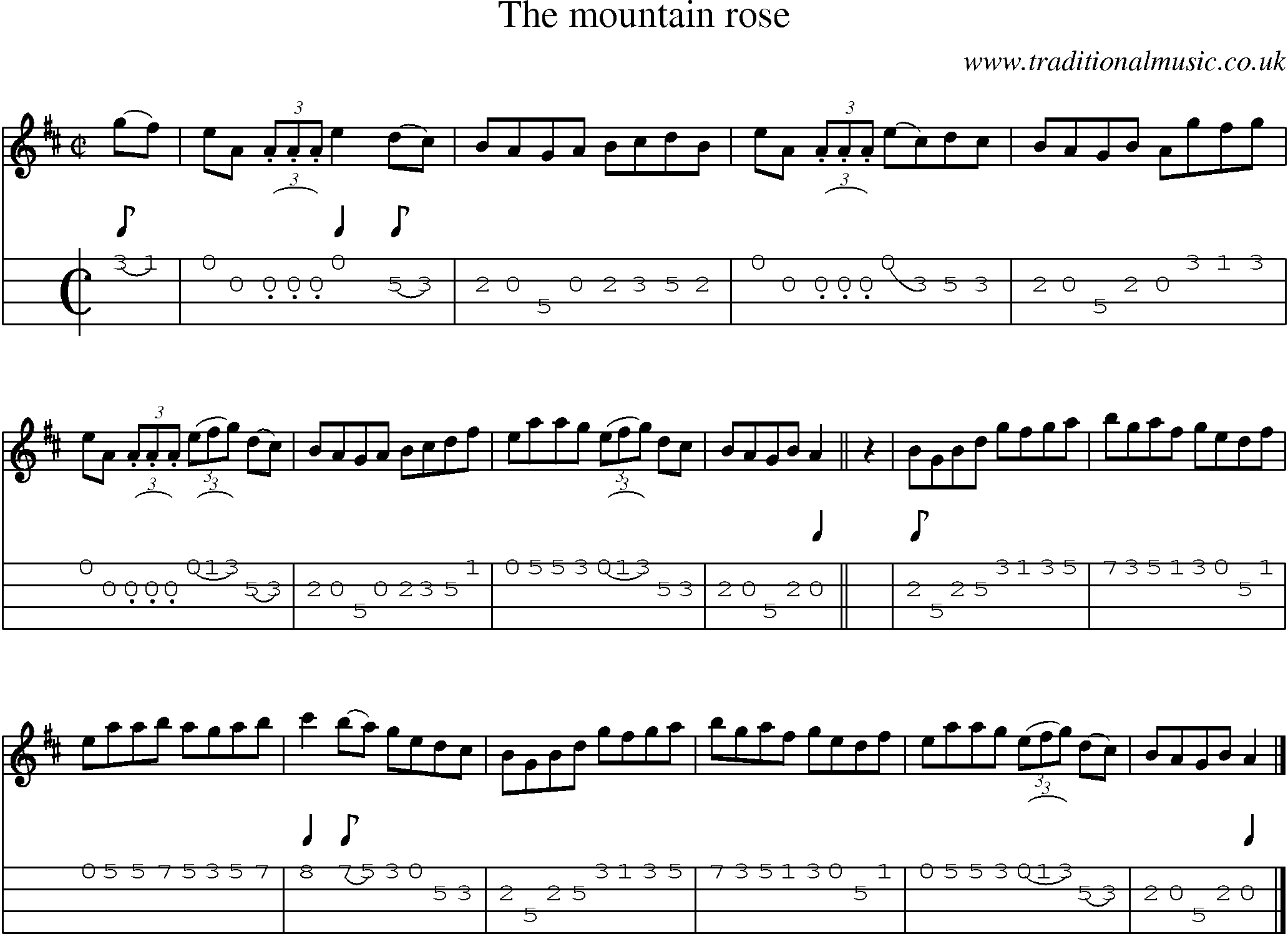 Music Score and Mandolin Tabs for Mountain Rose