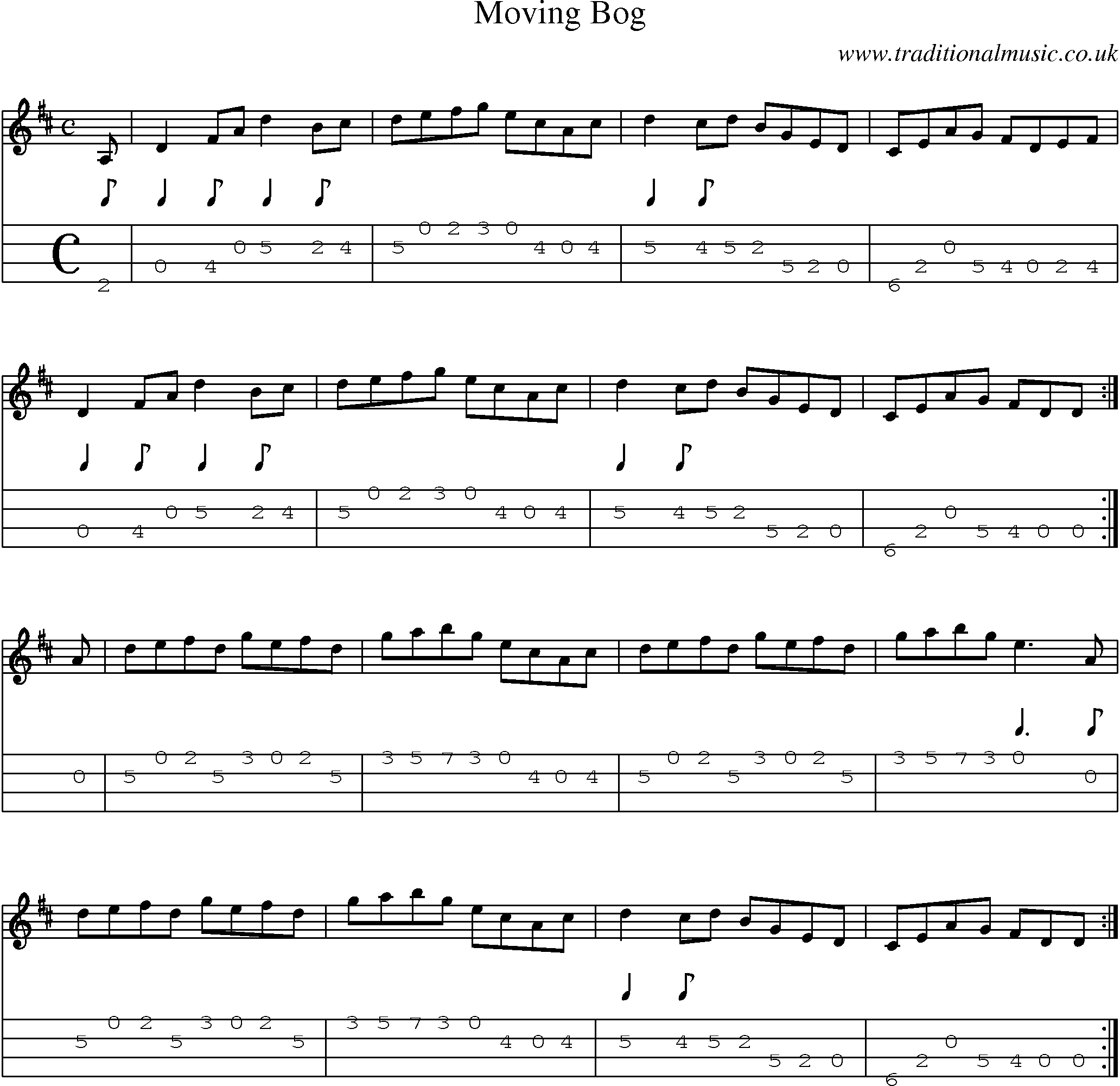 Music Score and Mandolin Tabs for Moving Bog