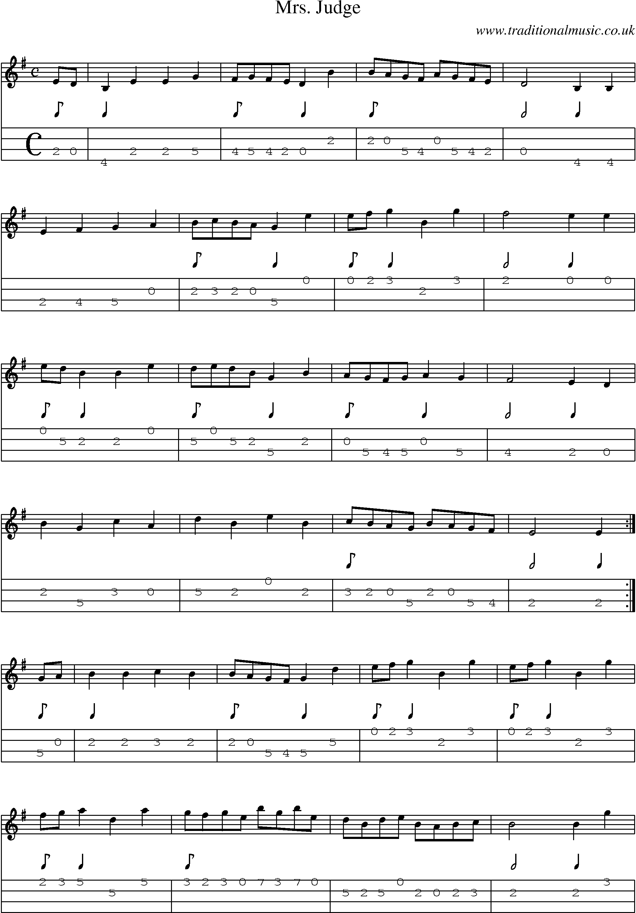 Music Score and Mandolin Tabs for Mrs Judge