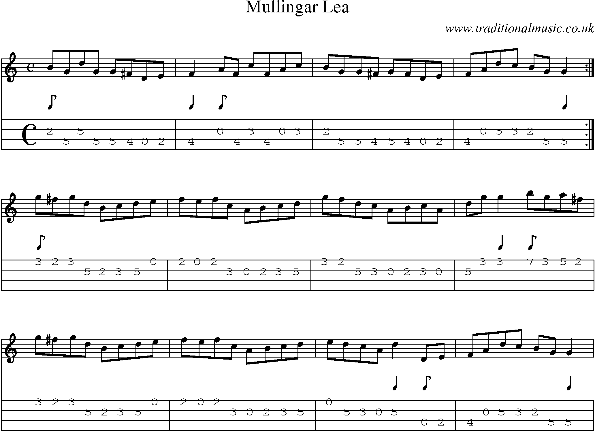 Music Score and Mandolin Tabs for Mullingar Lea
