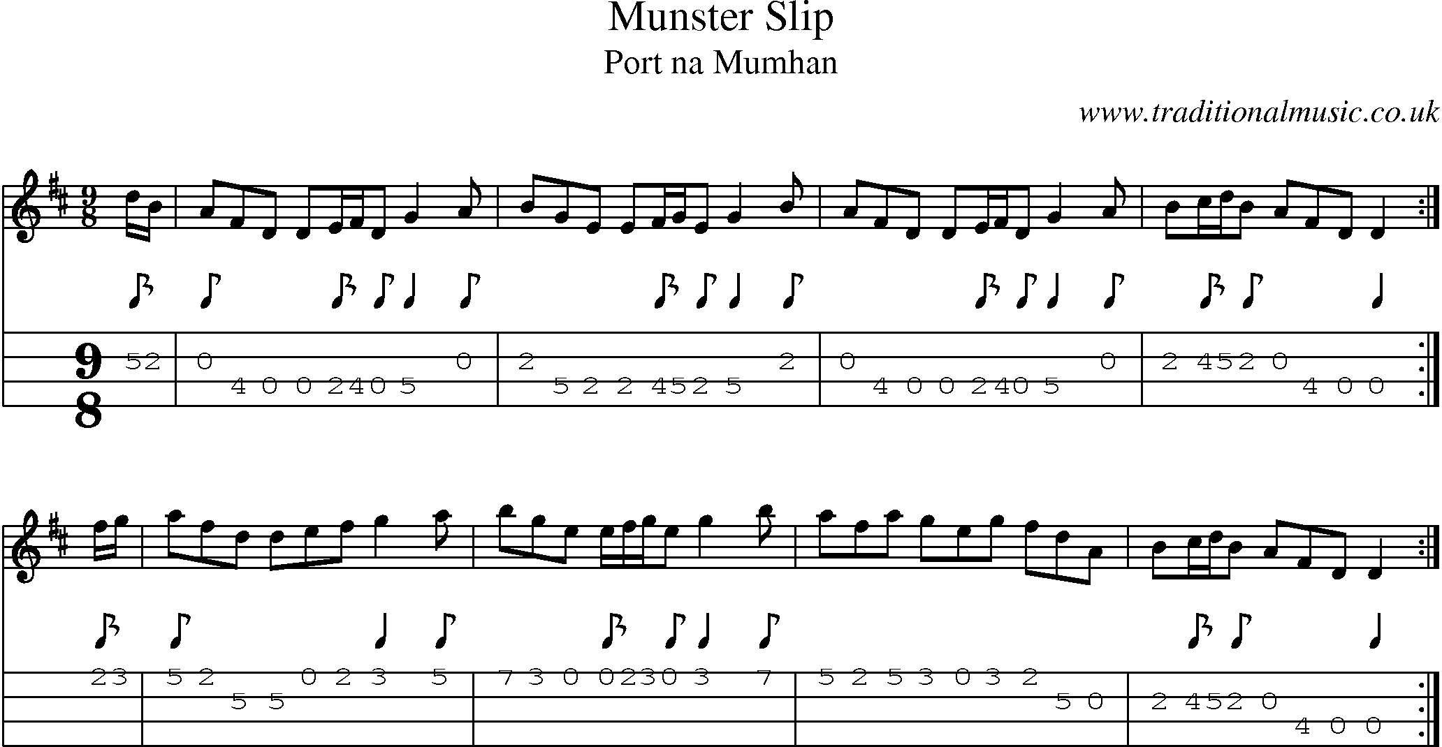 Music Score and Mandolin Tabs for Munster Slip