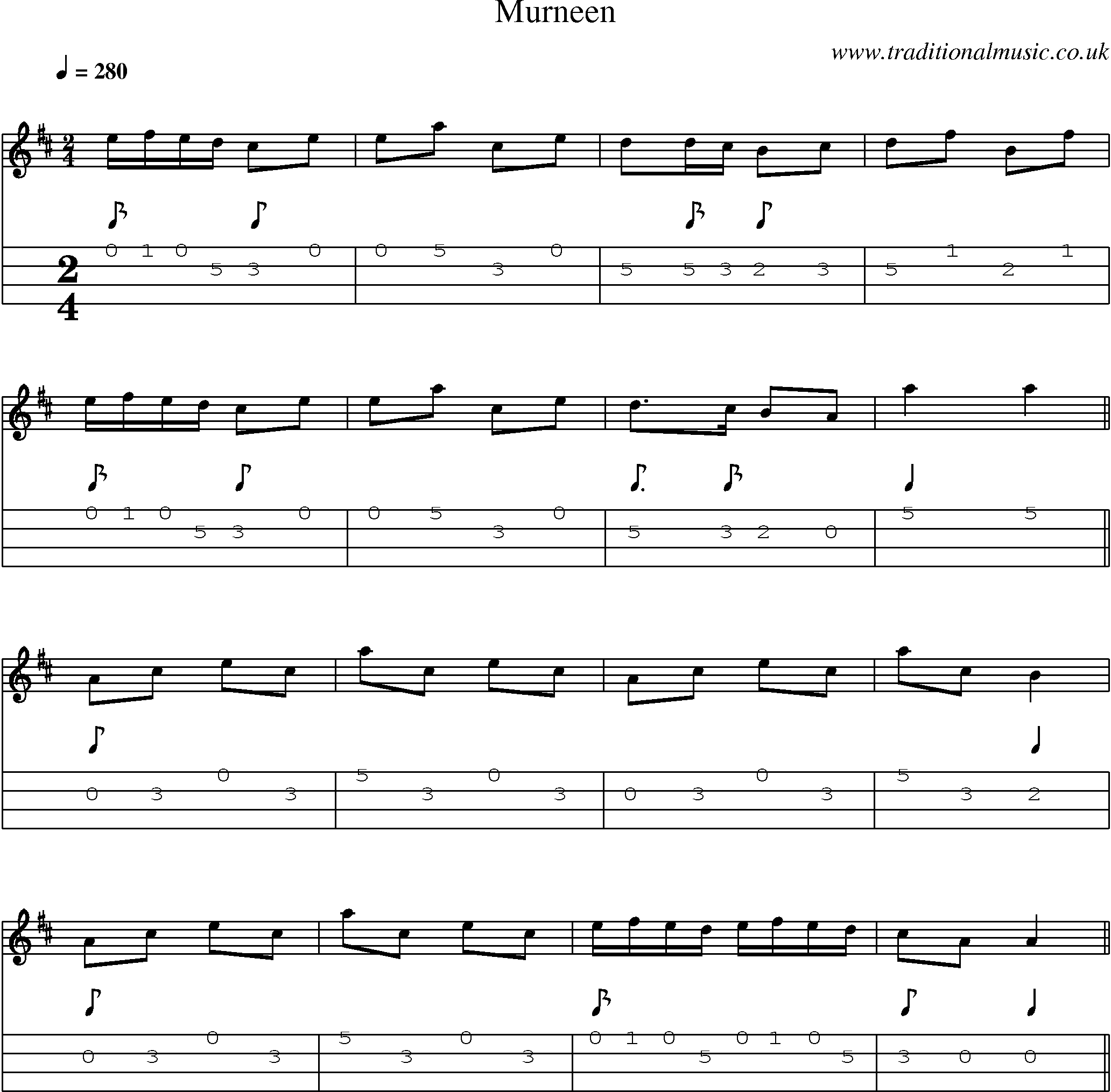 Music Score and Mandolin Tabs for Murneen