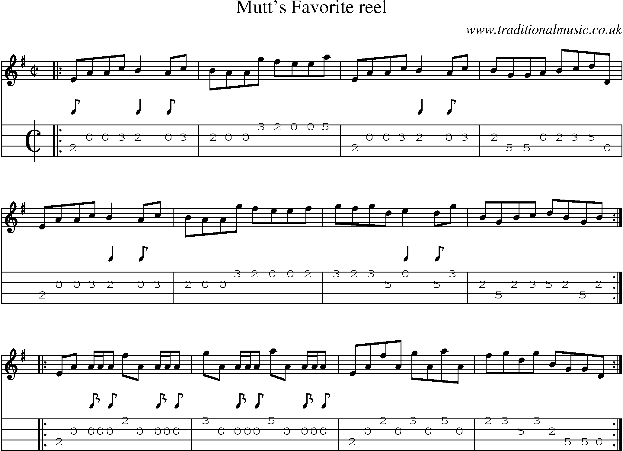 Music Score and Mandolin Tabs for Mutts Favorite Reel