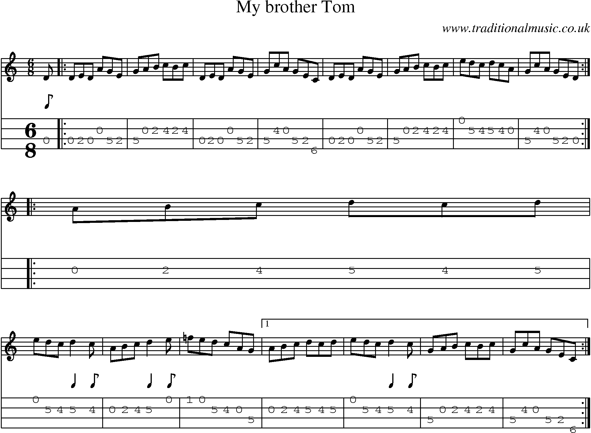 Music Score and Mandolin Tabs for My Brother Tom