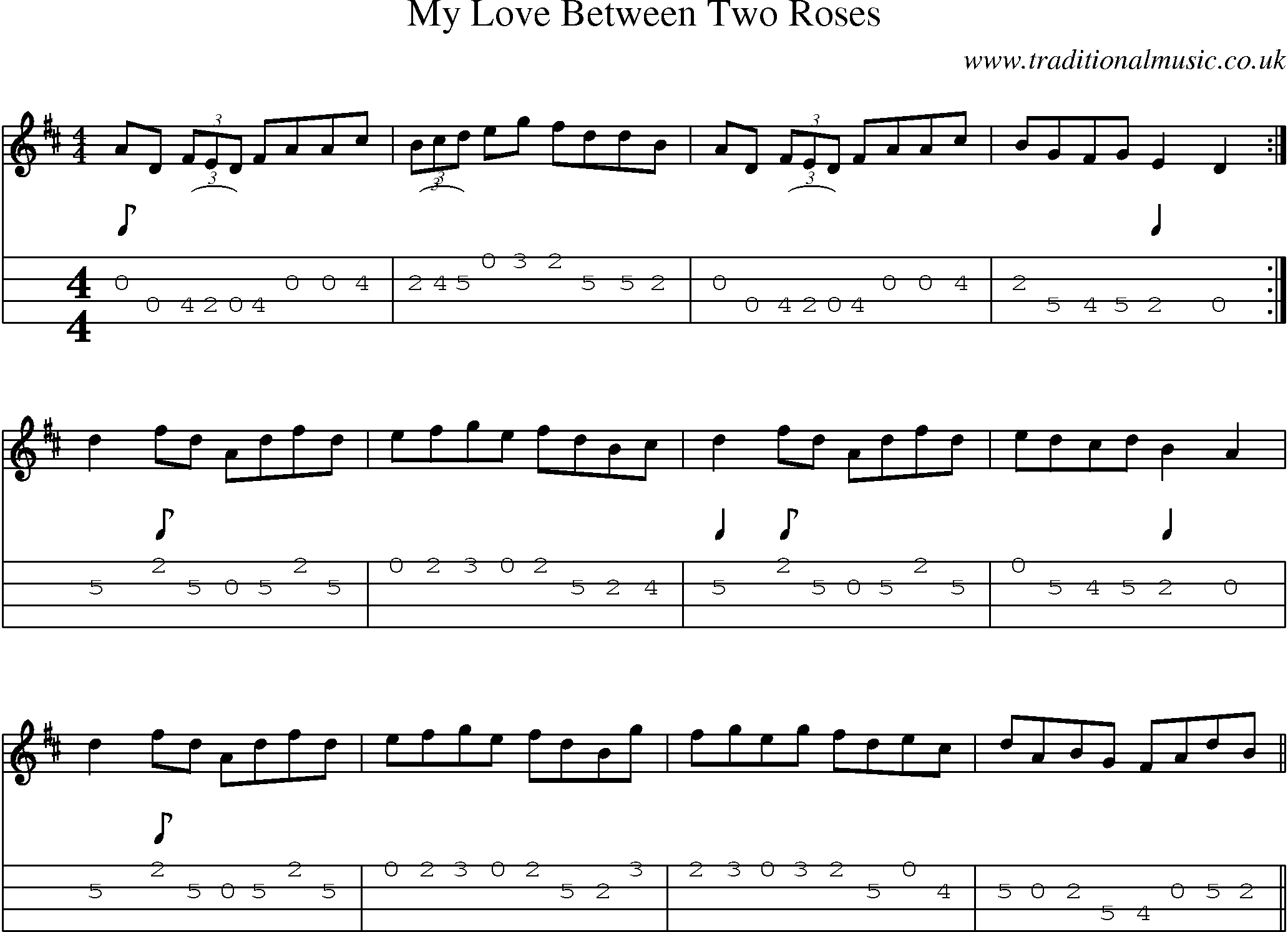 Music Score and Mandolin Tabs for My Love Between Two Roses