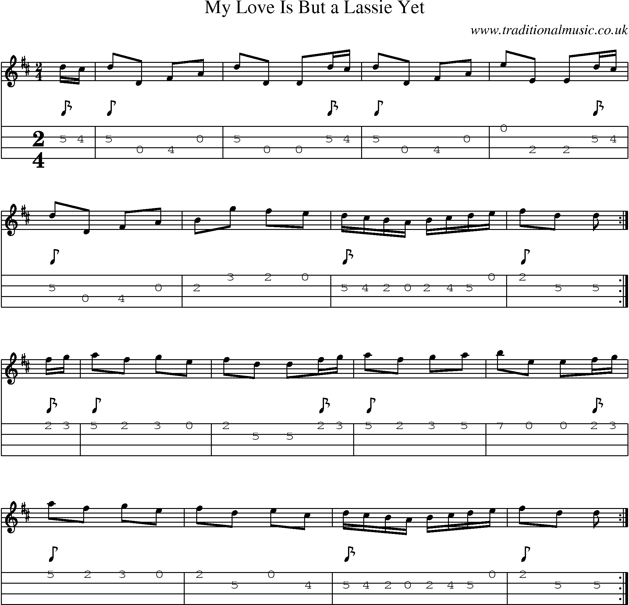 Music Score and Mandolin Tabs for My Love Is But A Lassie Yet