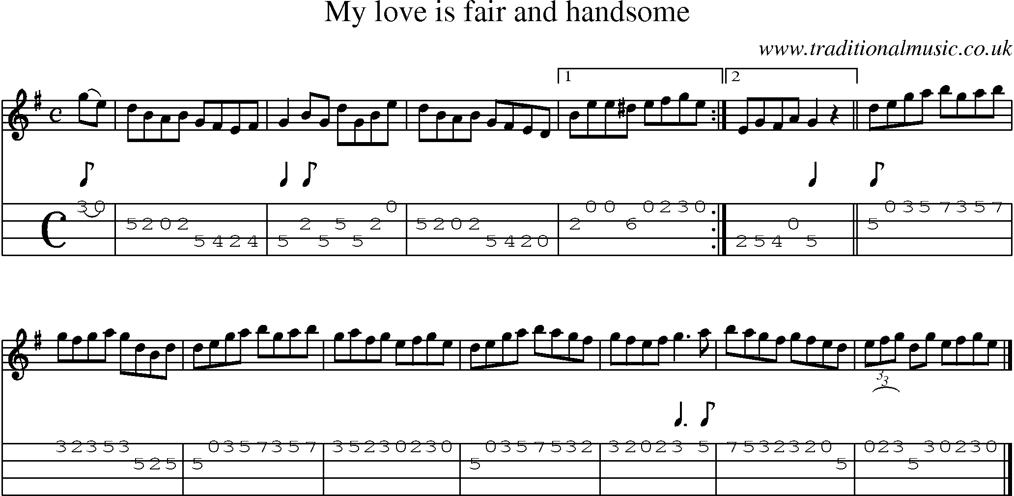 Music Score and Mandolin Tabs for My Love Is Fair And Handsome