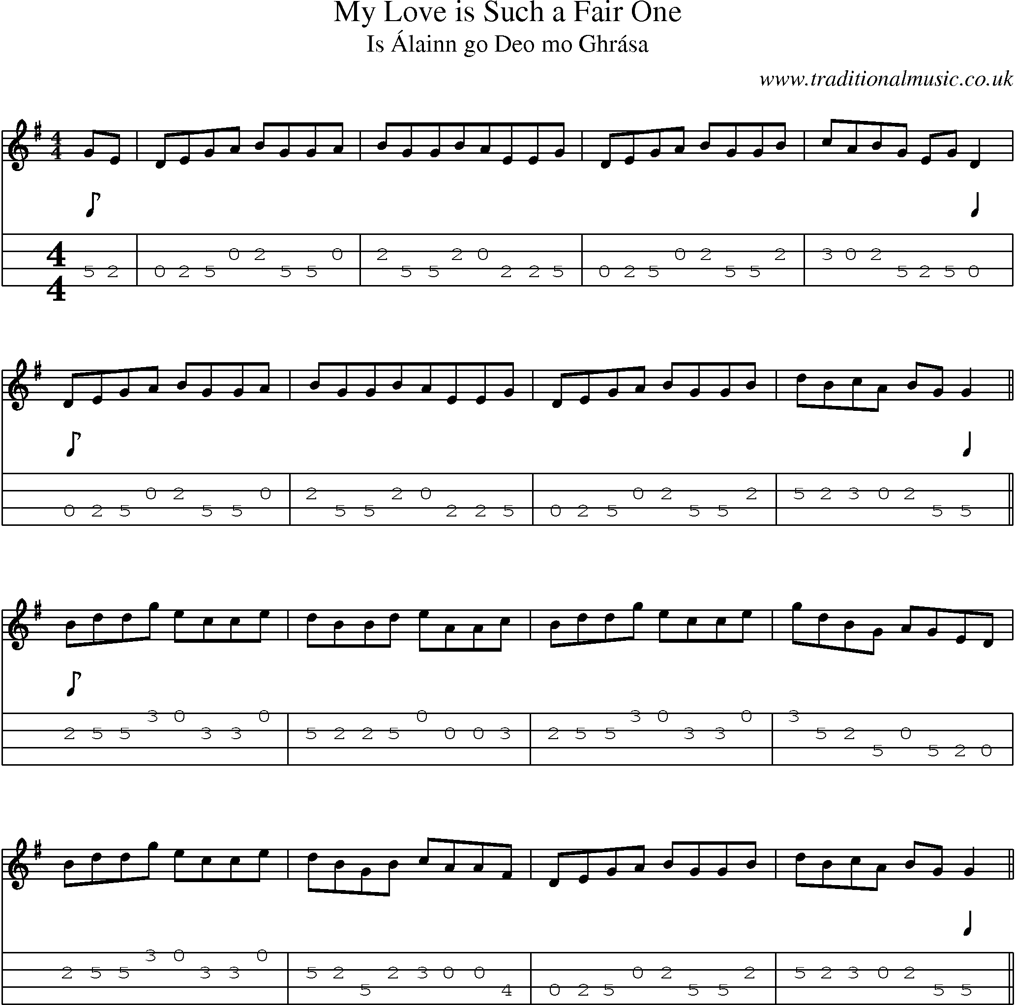 Music Score and Mandolin Tabs for My Love Is Such A Fair One