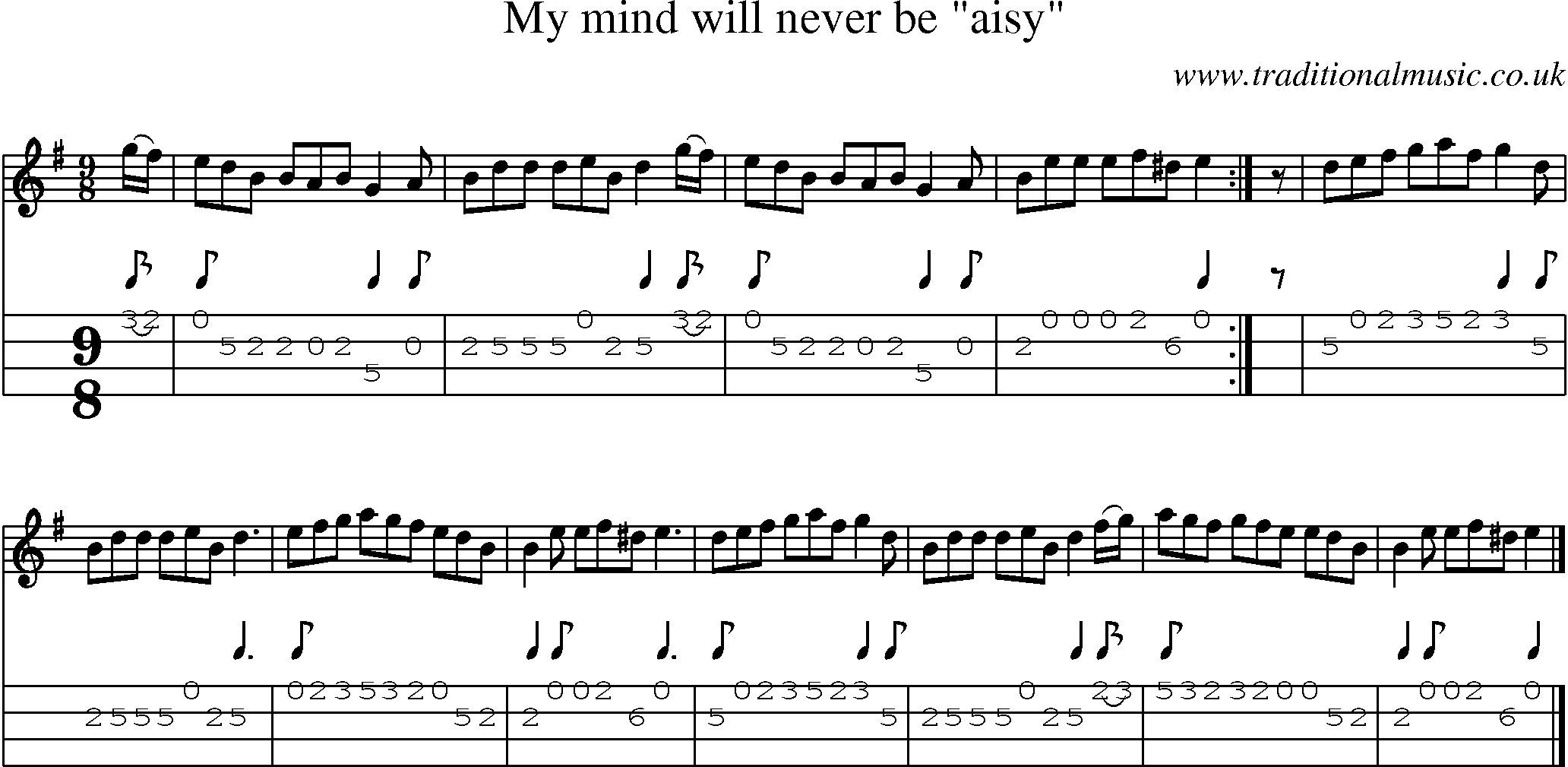 Music Score and Mandolin Tabs for My Mind Will Never Be Aisy