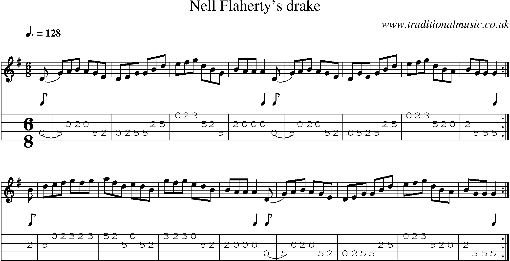 Music Score and Mandolin Tabs for Nell Flahertys Drake