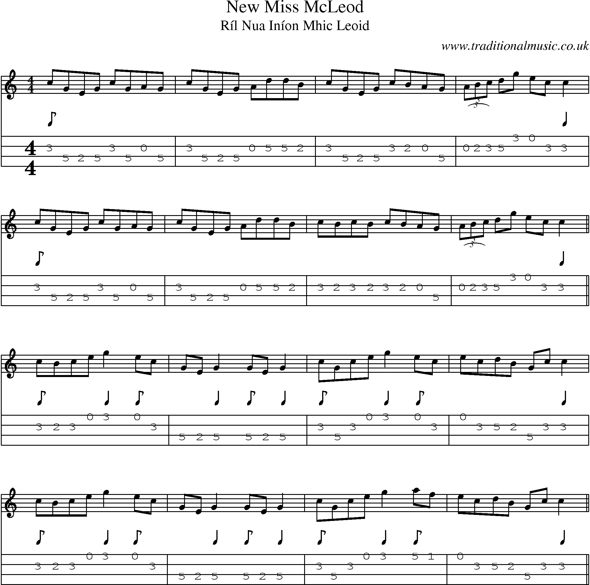 Music Score and Mandolin Tabs for New Miss Mcleod