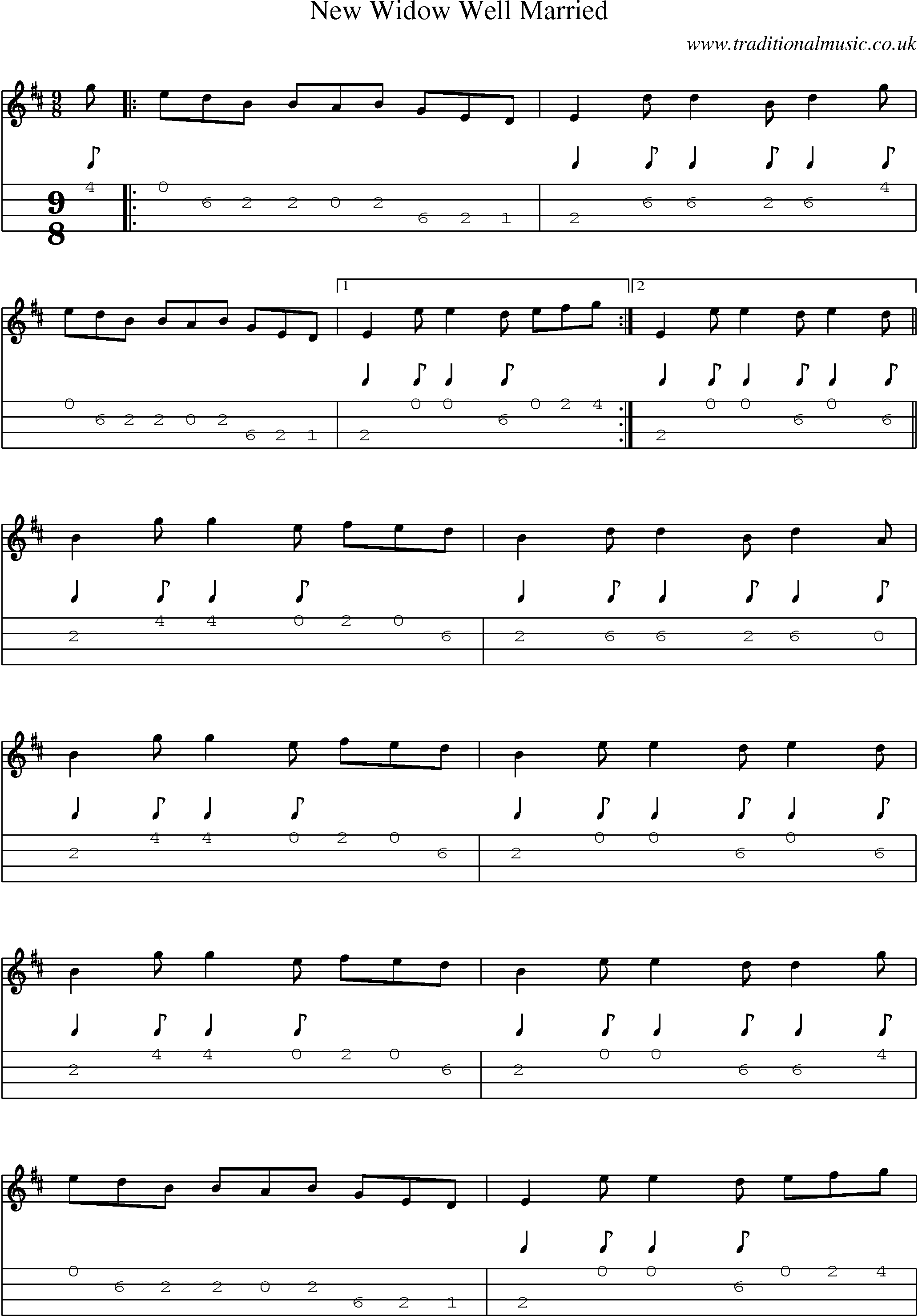 Music Score and Mandolin Tabs for New Widow Well Married