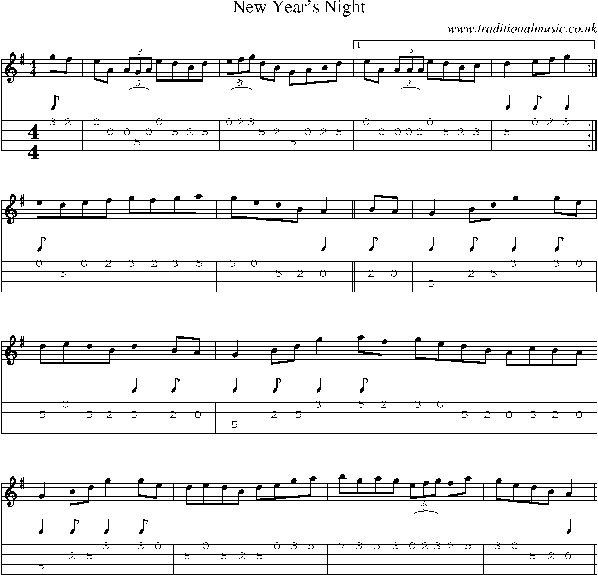 Music Score and Mandolin Tabs for New Years Night