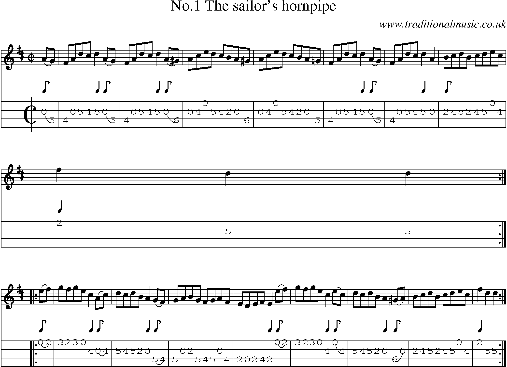 Music Score and Mandolin Tabs for No 1The Sailors Hornpipe