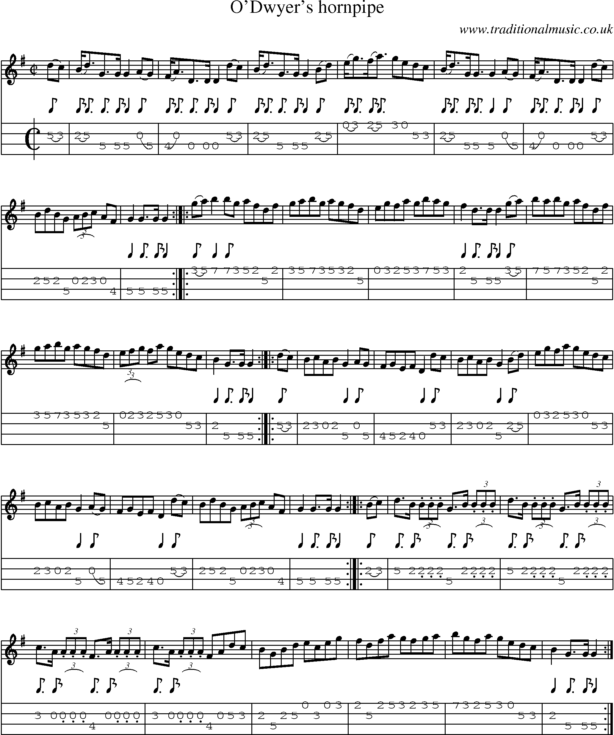 Music Score and Mandolin Tabs for O Dwyers Hornpipe