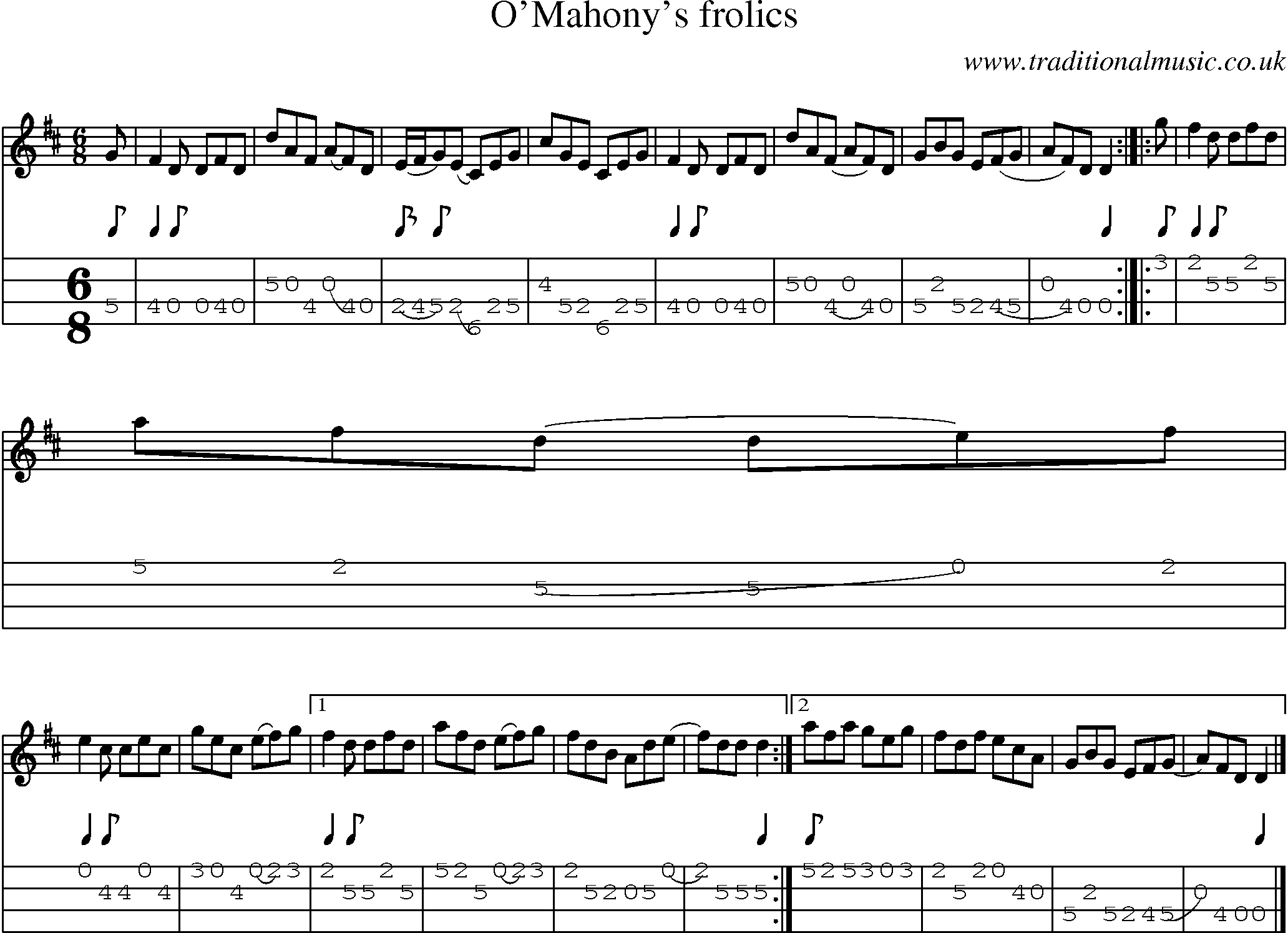 Music Score and Mandolin Tabs for O Mahonys Frolics