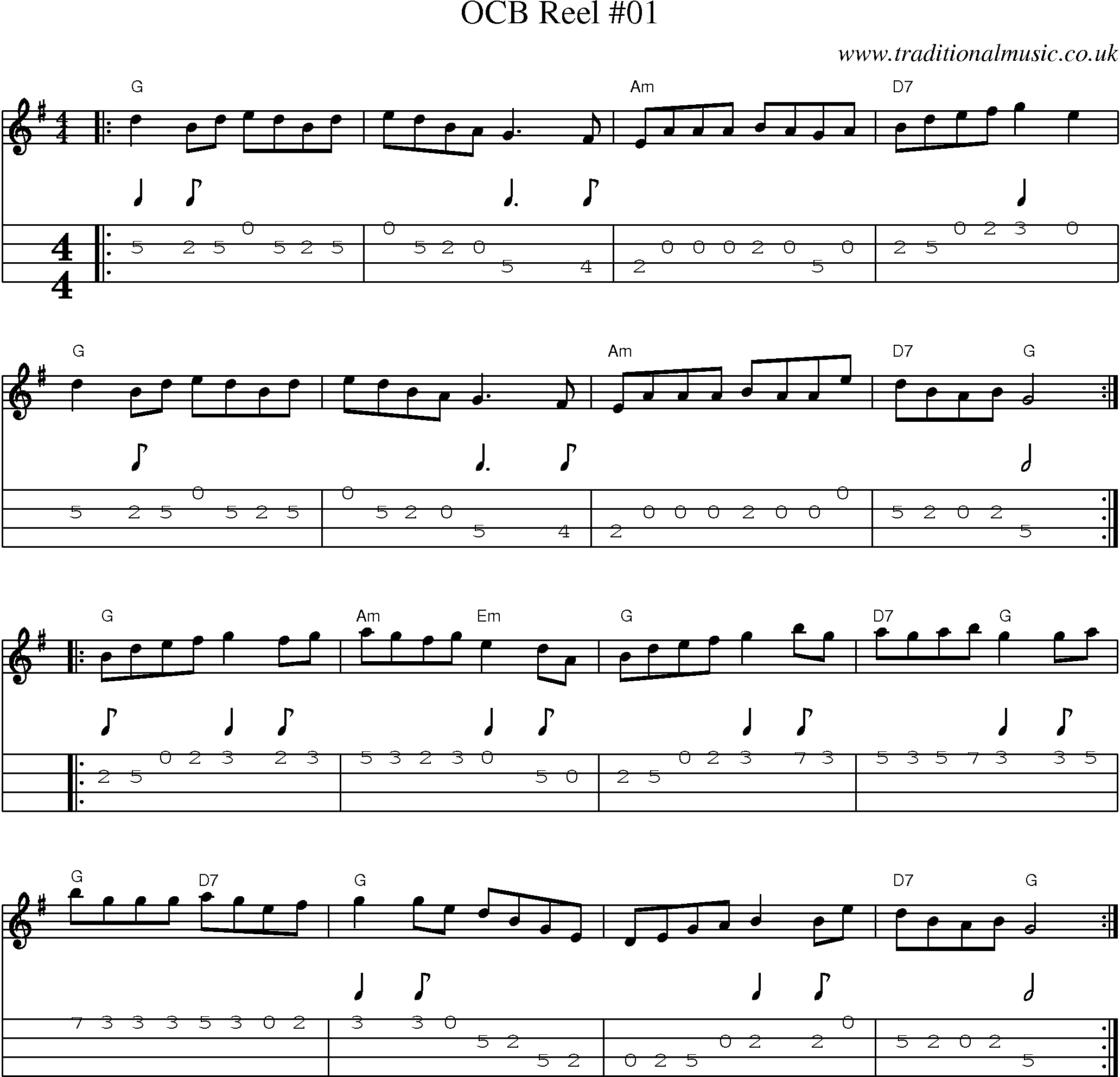 Music Score and Mandolin Tabs for Ocb Reel 01