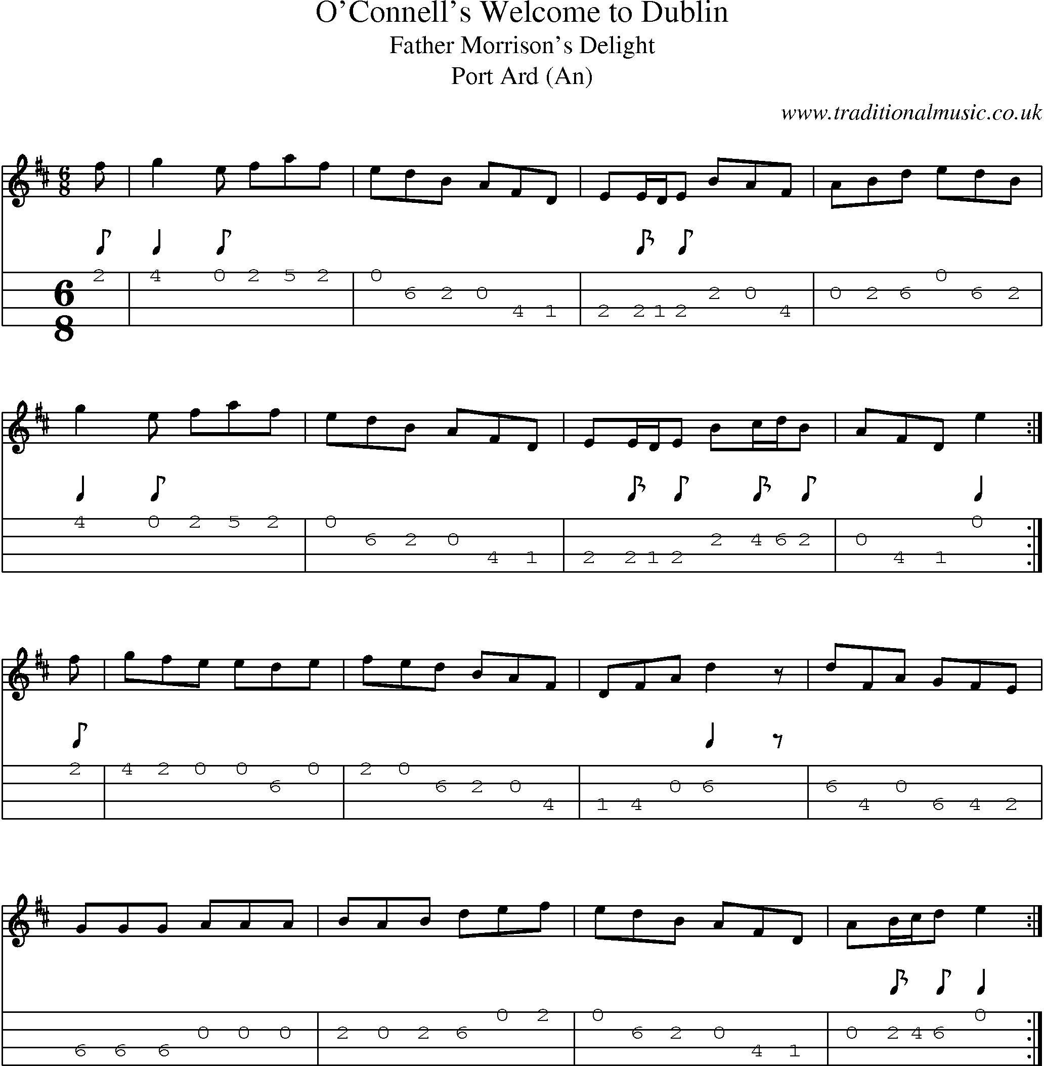 Music Score and Mandolin Tabs for Oconnells Welcome To Dublin