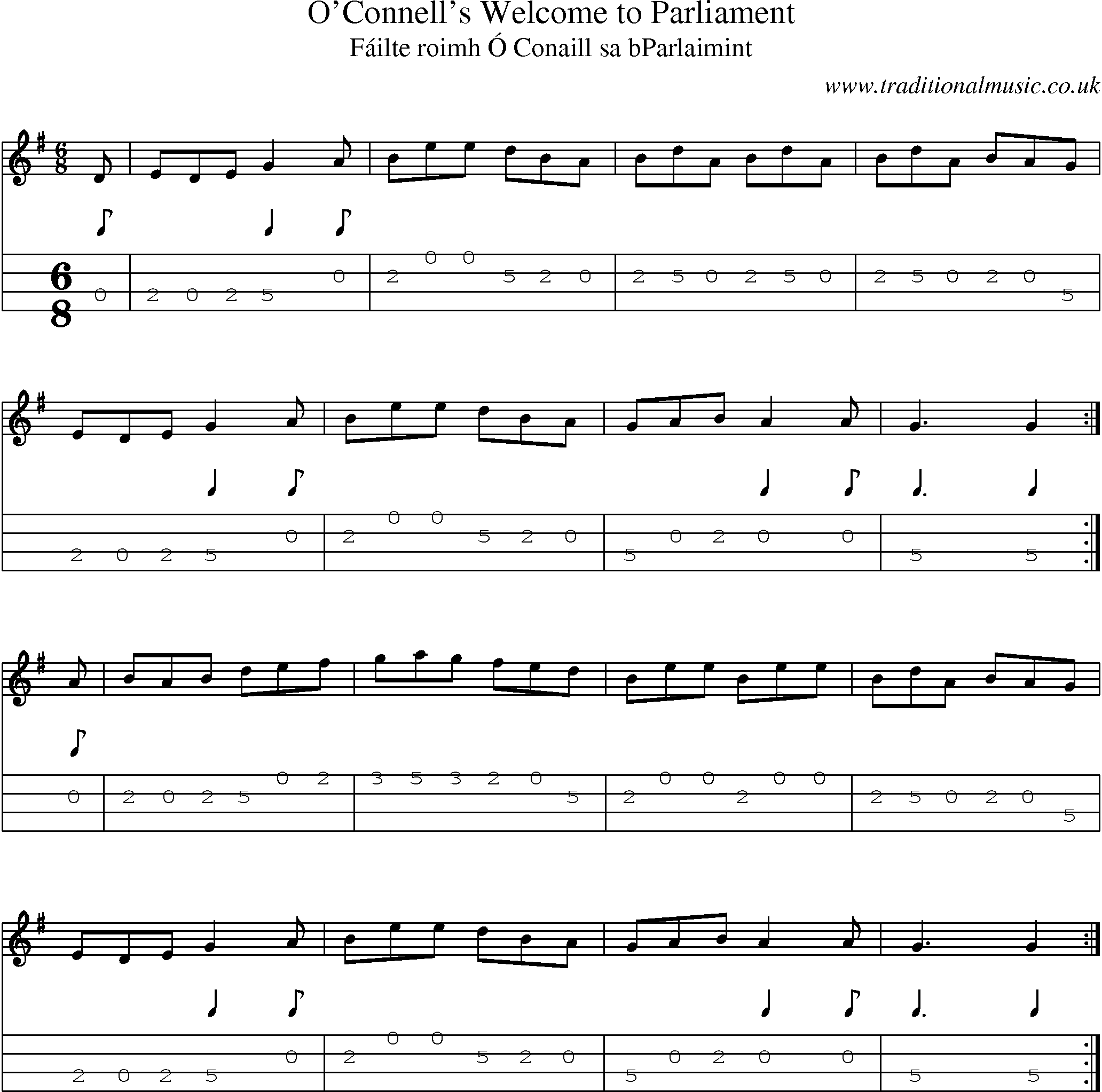 Music Score and Mandolin Tabs for Oconnells Welcome To Parliament