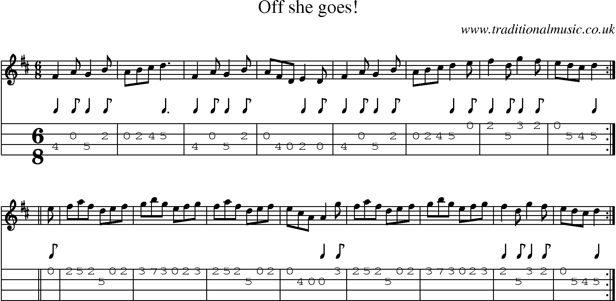 Music Score and Mandolin Tabs for Off She Goes