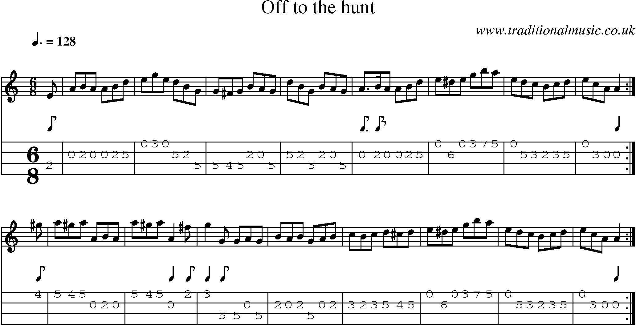 Music Score and Mandolin Tabs for Off To The Hunt