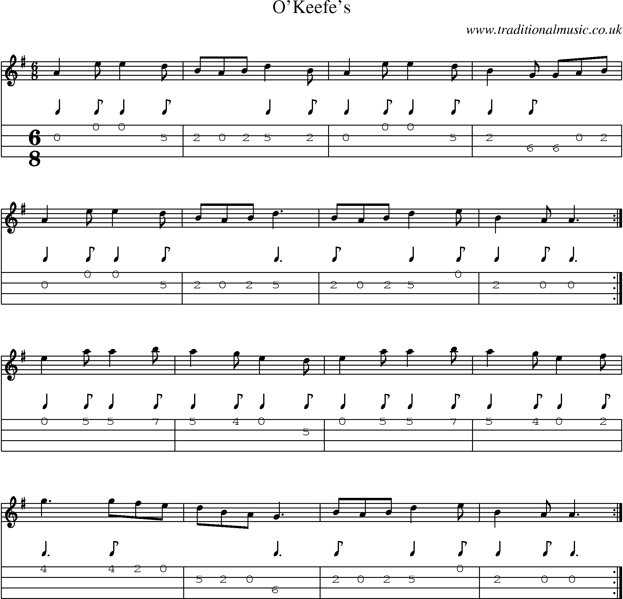 Music Score and Mandolin Tabs for Okeefes