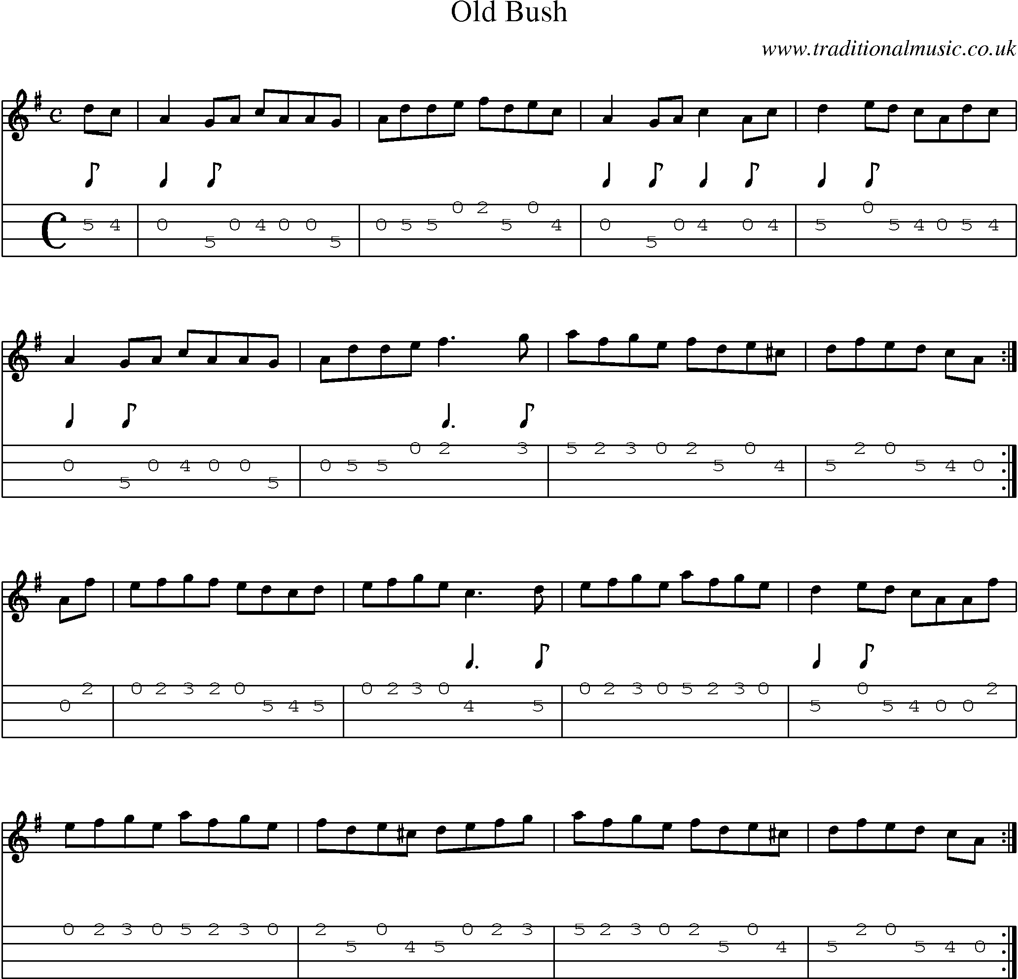 Music Score and Mandolin Tabs for Old Bush