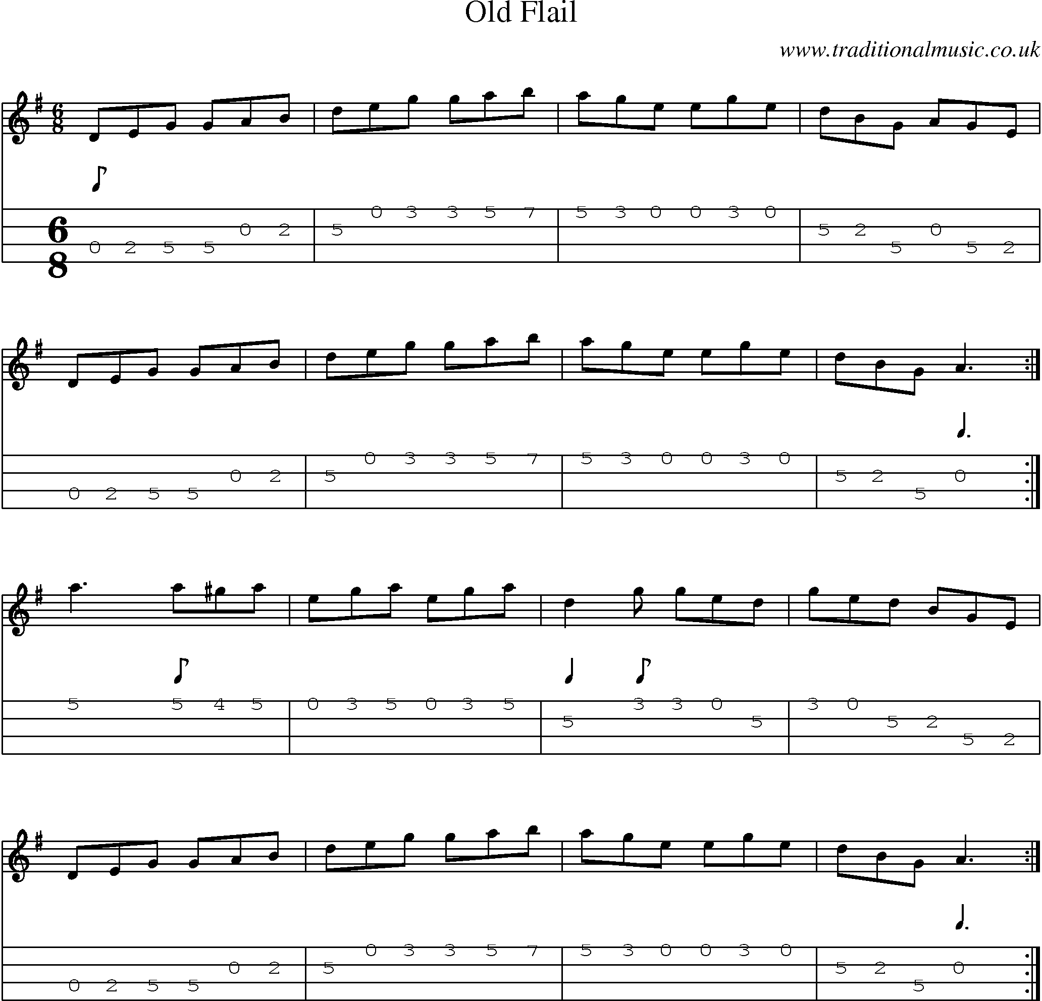 Music Score and Mandolin Tabs for Old Flail