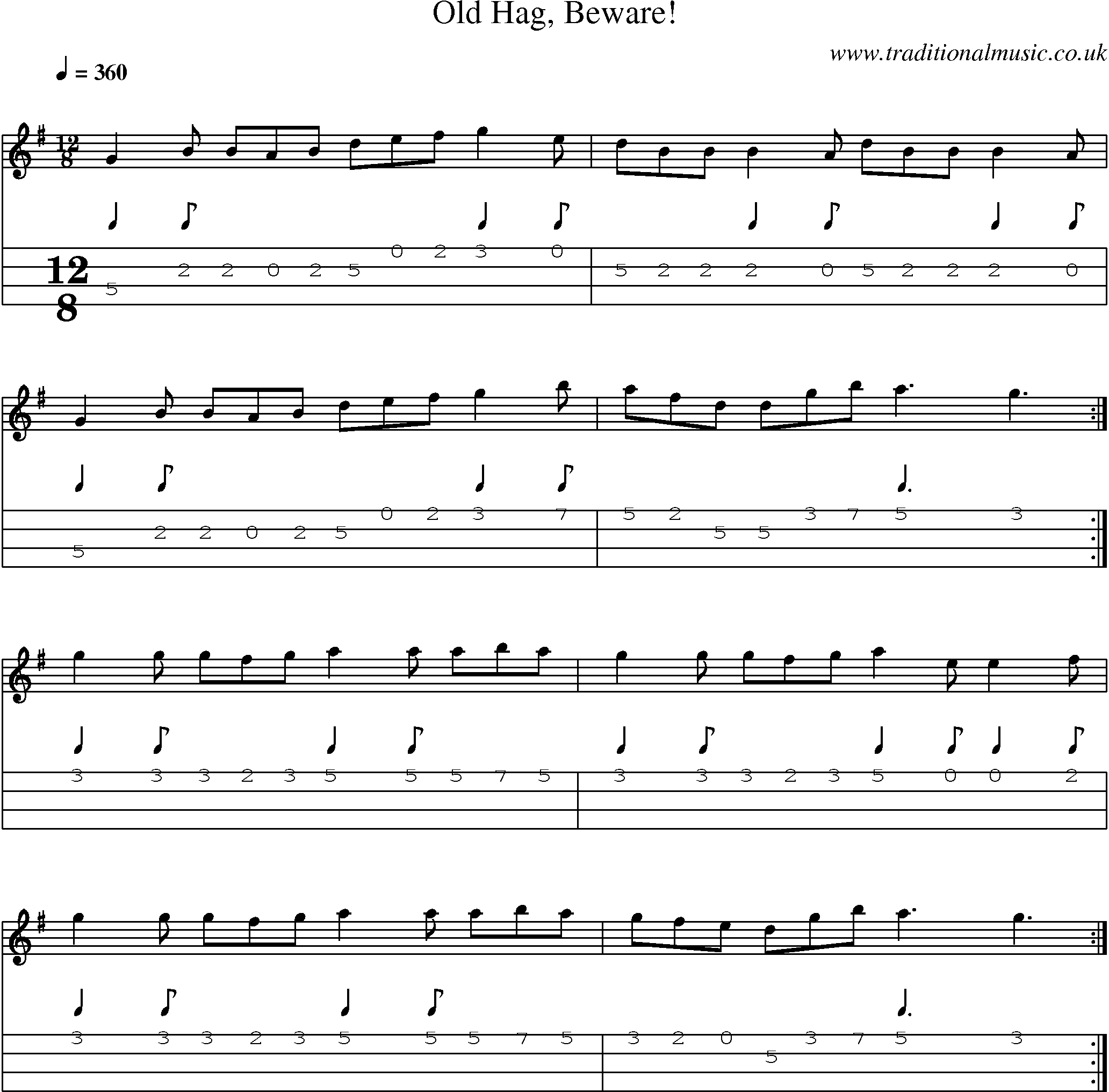 Music Score and Mandolin Tabs for Old Hag Beware!
