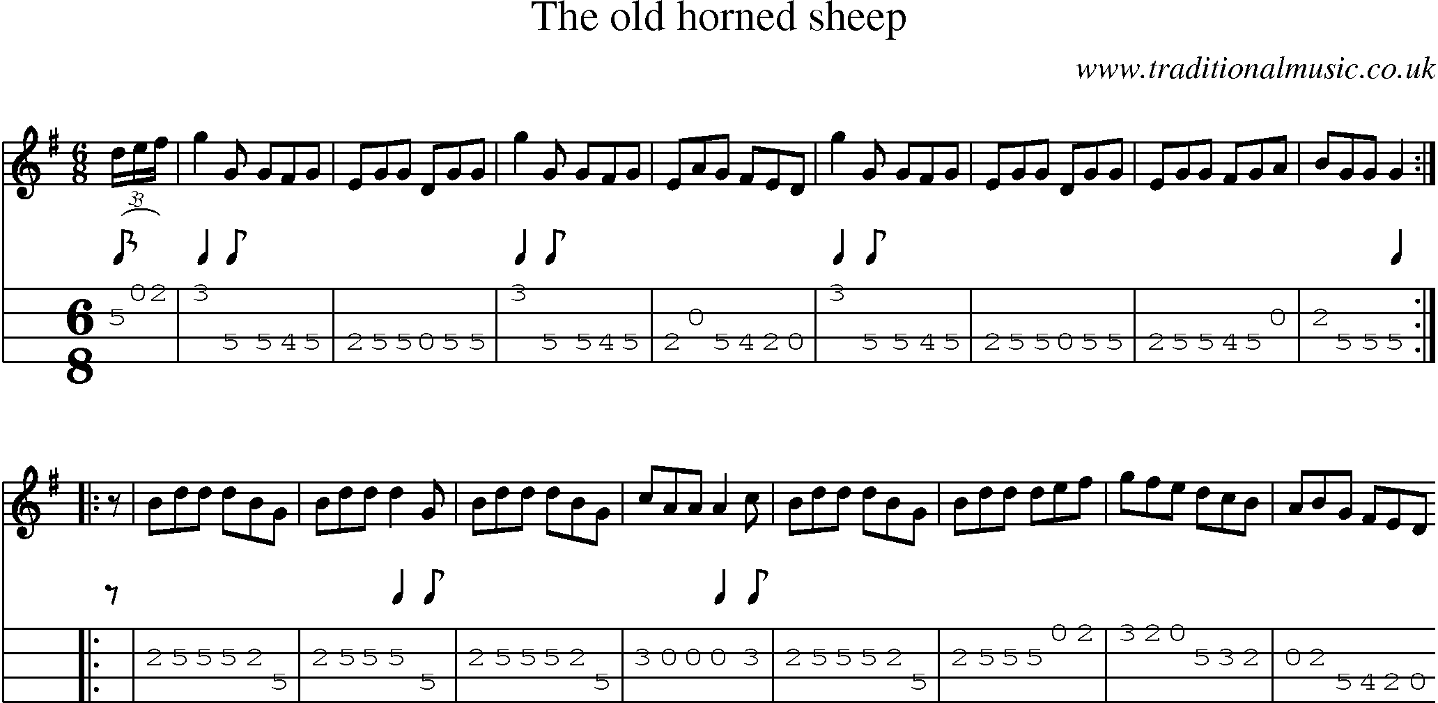 Music Score and Mandolin Tabs for Old Horned Sheep