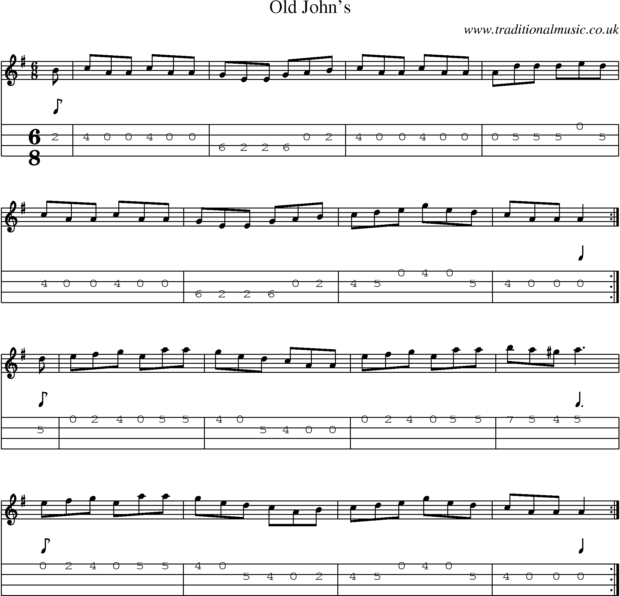 Music Score and Mandolin Tabs for Old Johns