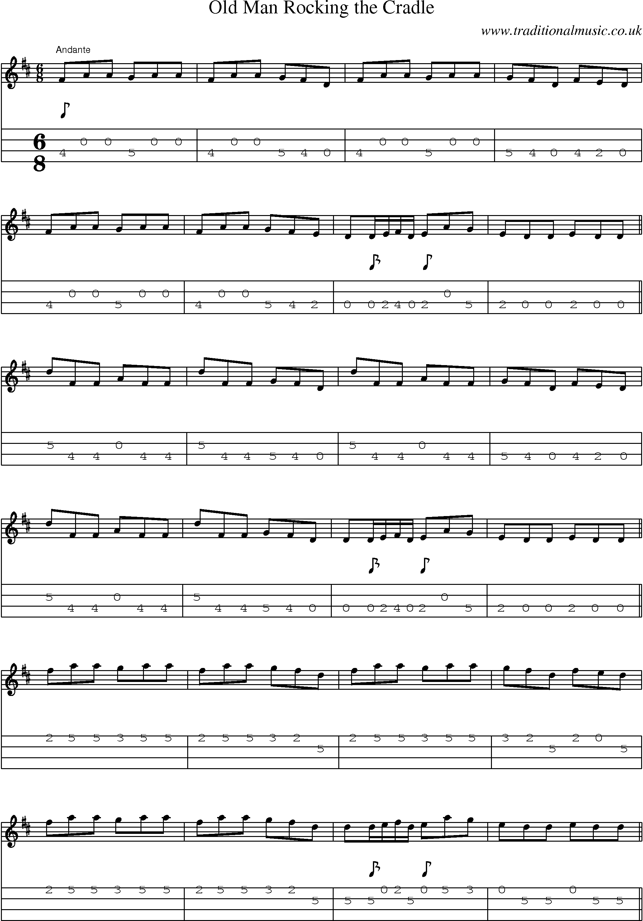 Music Score and Mandolin Tabs for Old Man Rocking Cradle