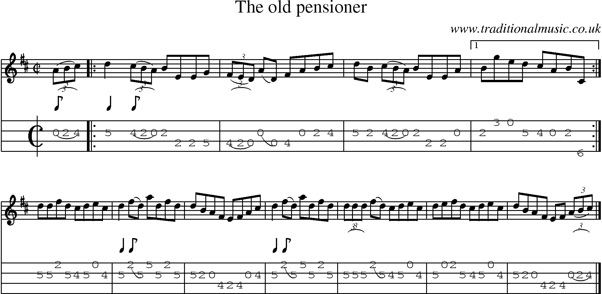 Music Score and Mandolin Tabs for Old Pensioner