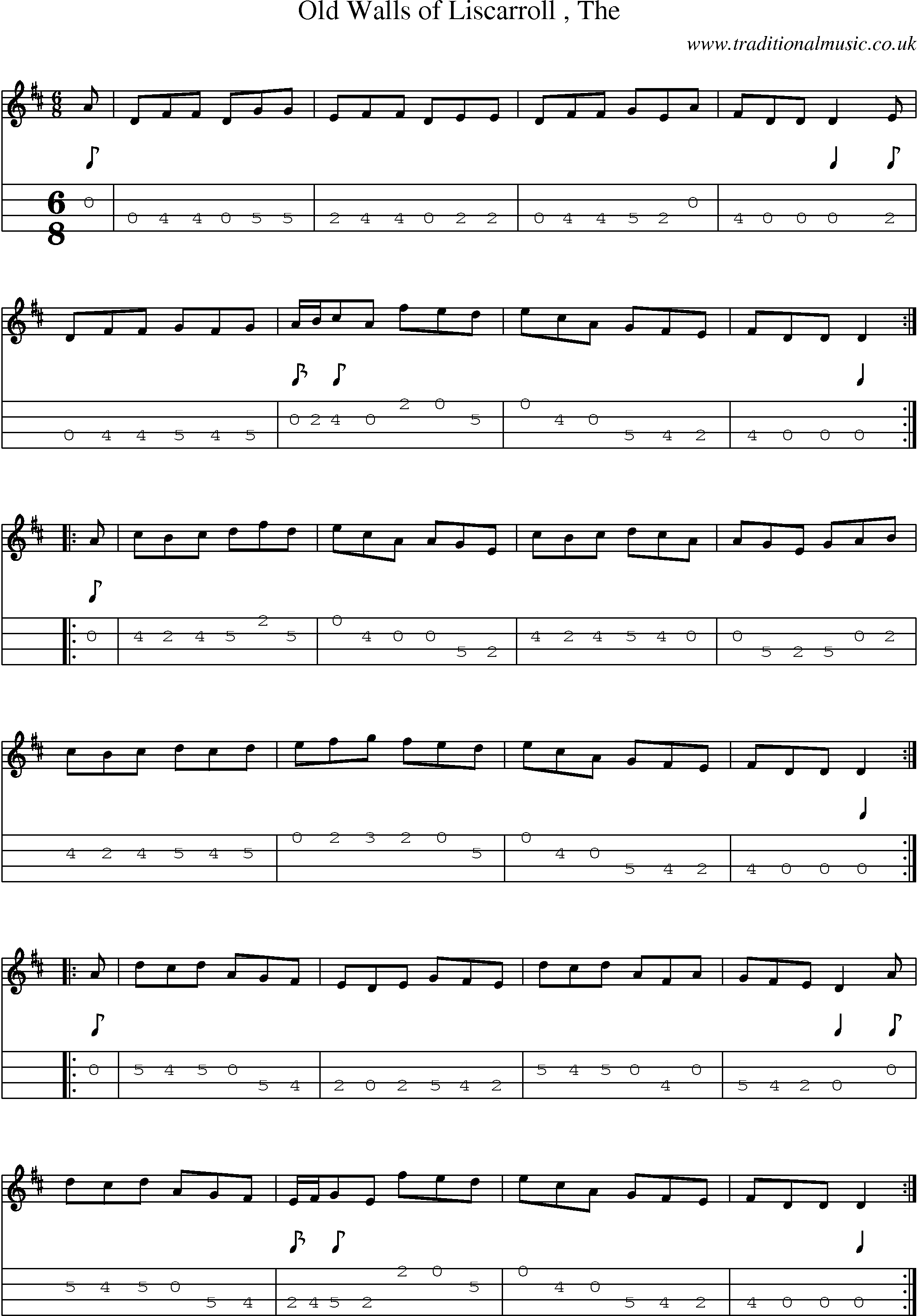 Music Score and Mandolin Tabs for Old Walls Of Liscarroll
