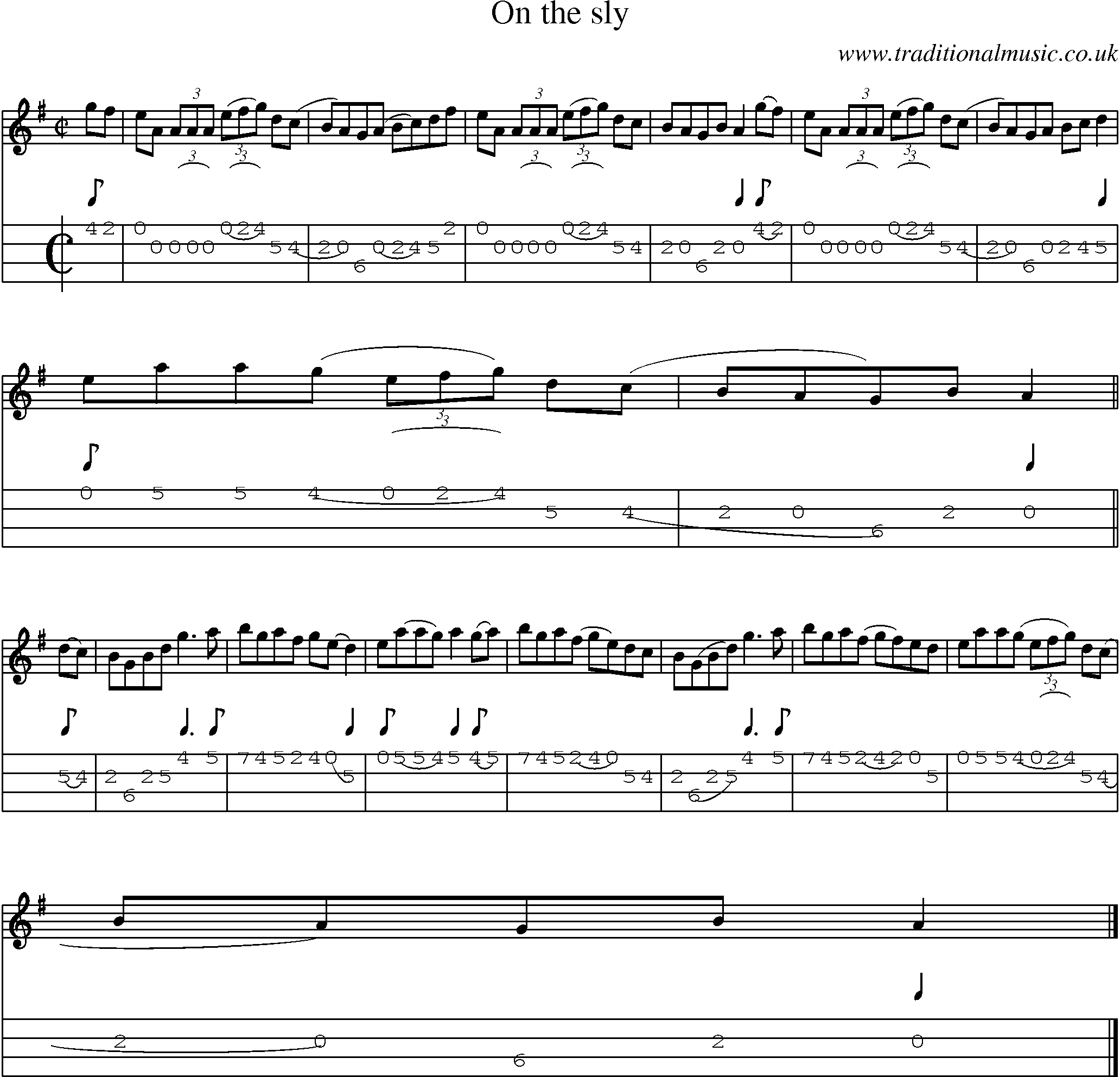 Music Score and Mandolin Tabs for On The Sly