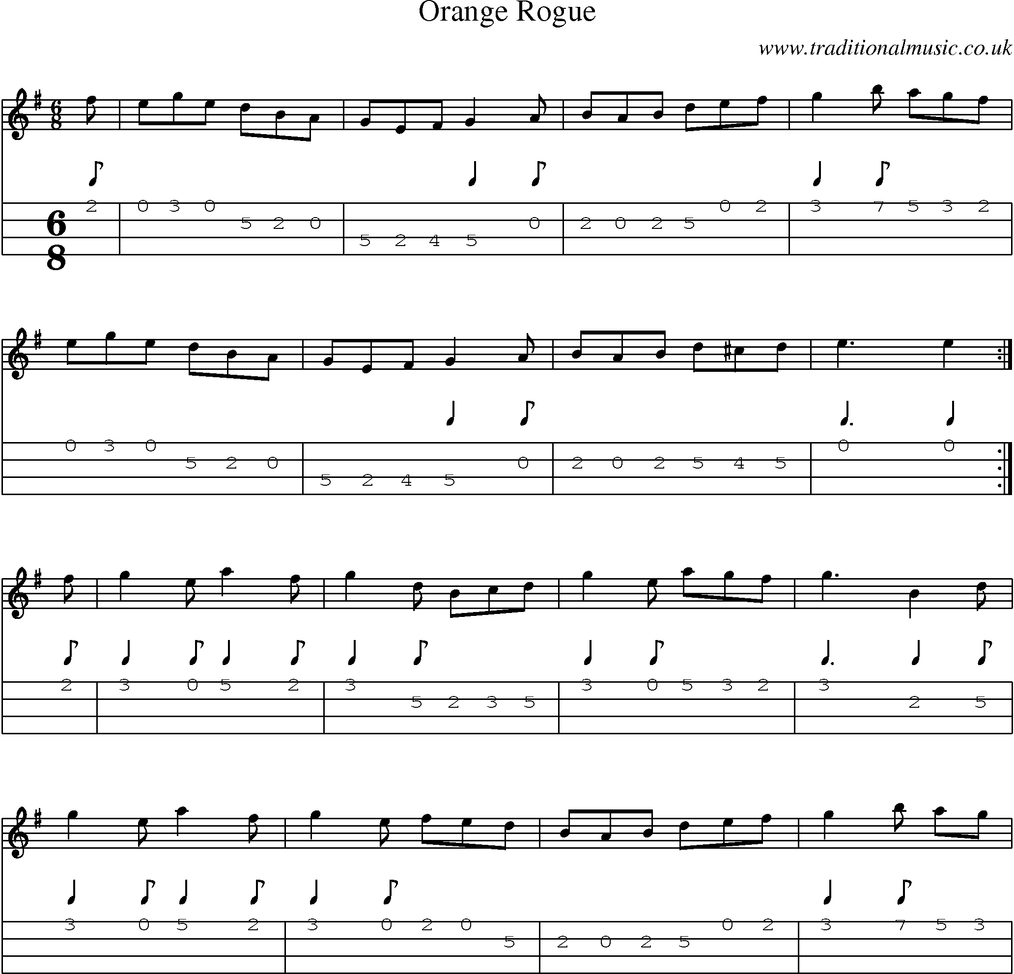 Music Score and Mandolin Tabs for Orange Rogue