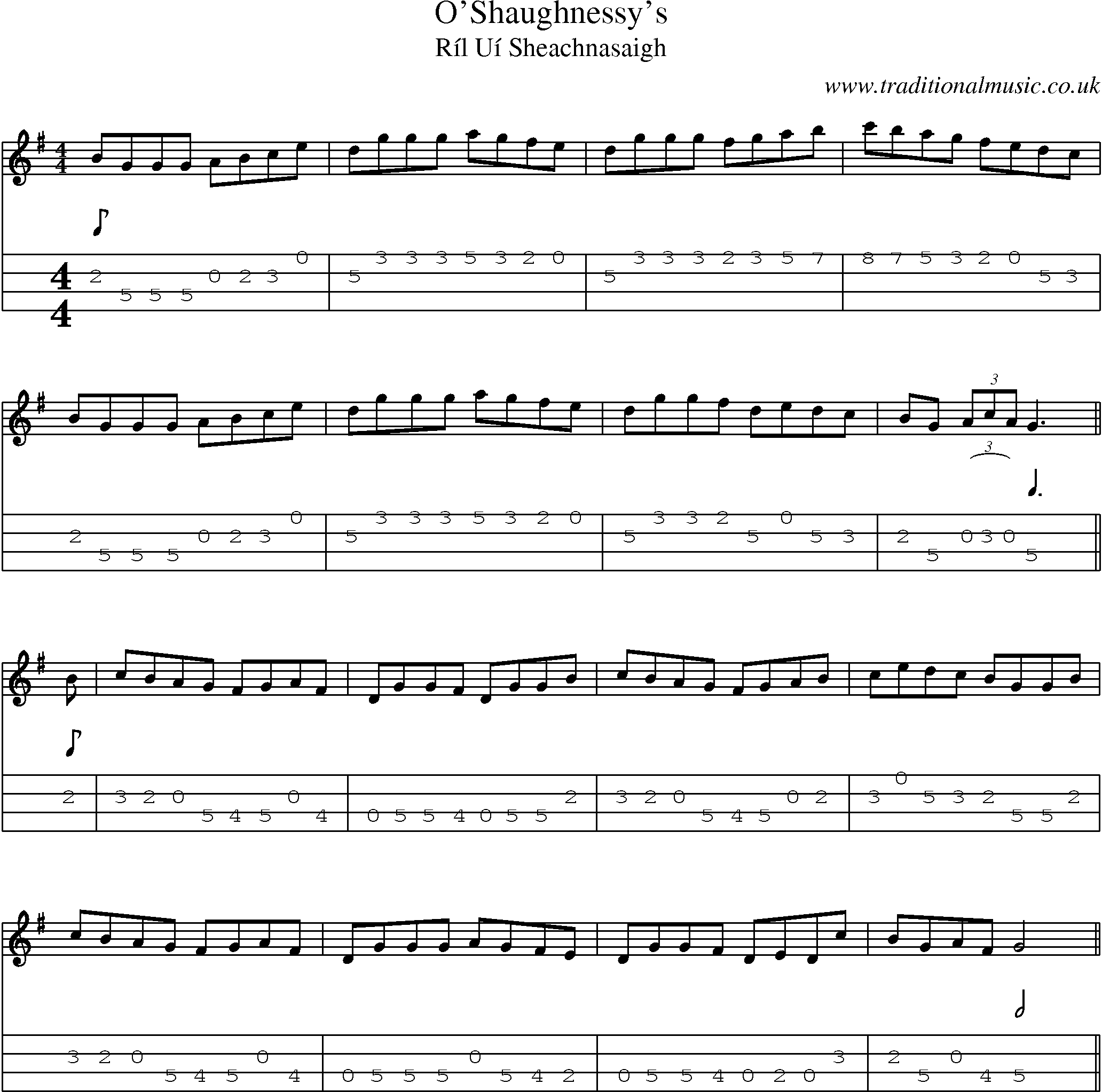Music Score and Mandolin Tabs for Oshaughnessys