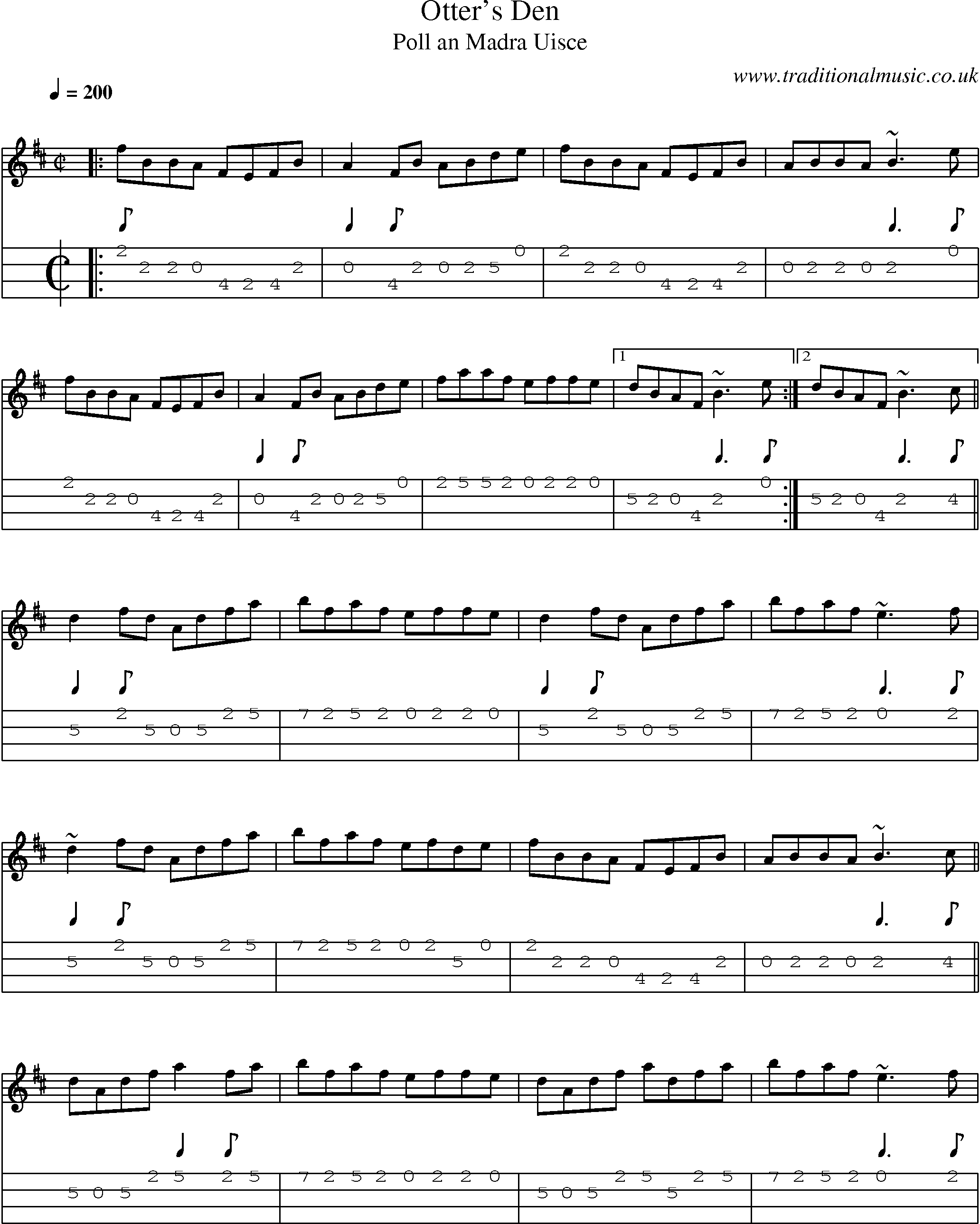 Music Score and Mandolin Tabs for Otters Den