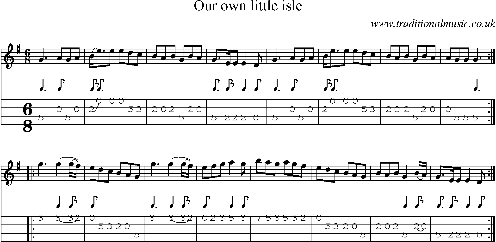 Music Score and Mandolin Tabs for Our Own Little Isle