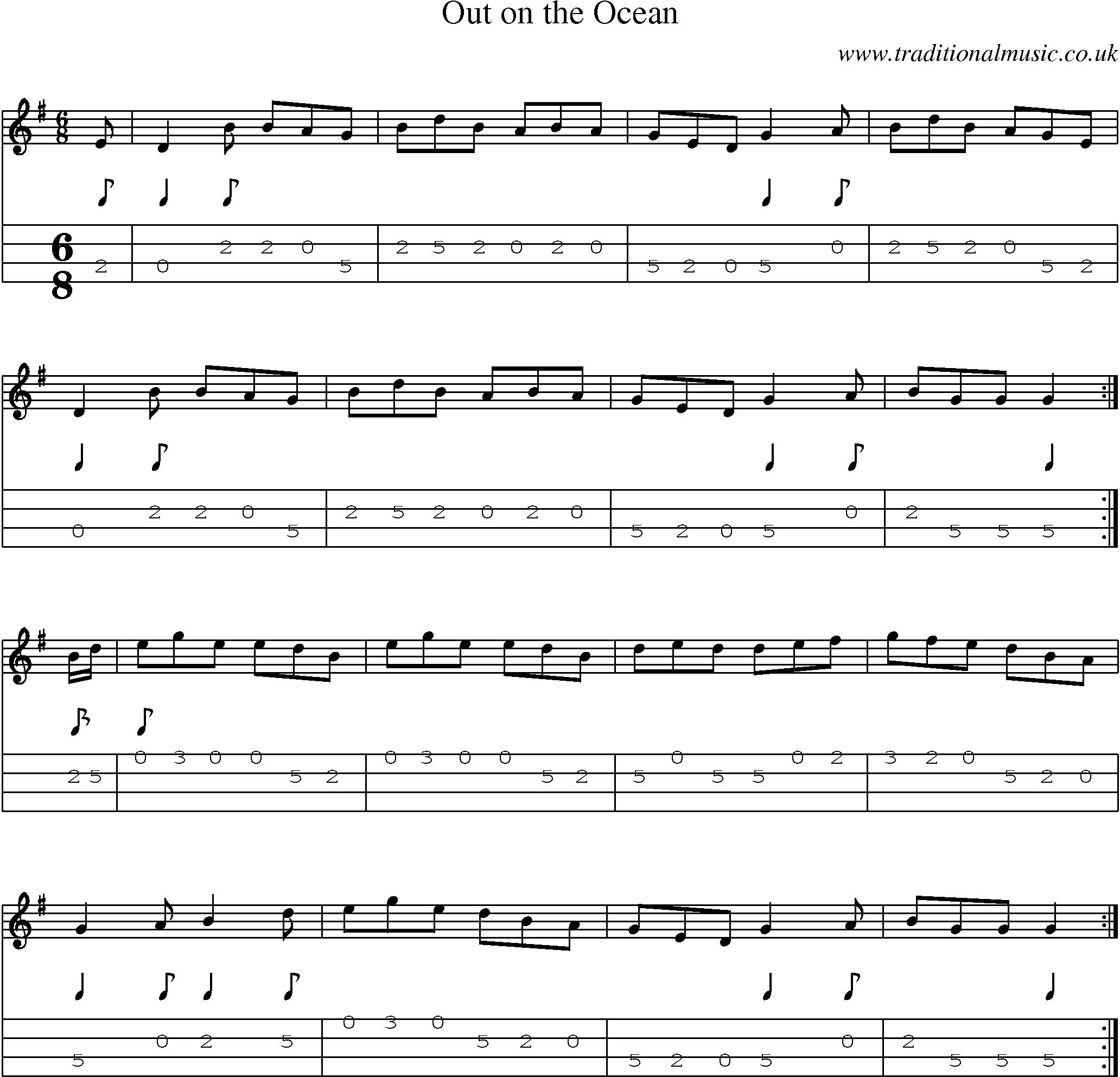 Music Score and Mandolin Tabs for Out On Ocean