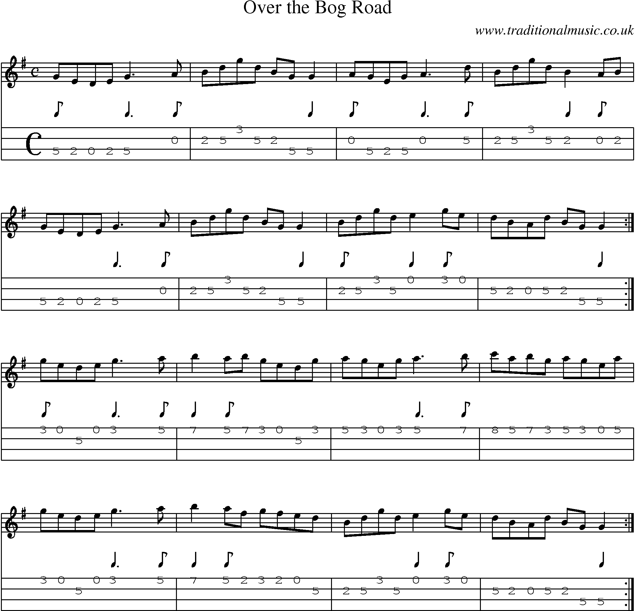 Music Score and Mandolin Tabs for Over Bog Road