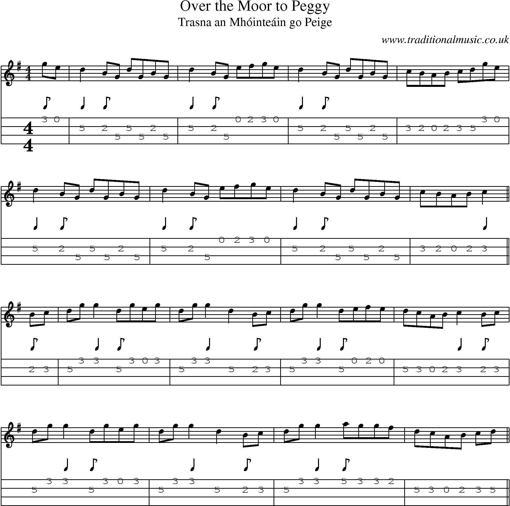 Music Score and Mandolin Tabs for Over Moor To Peggy