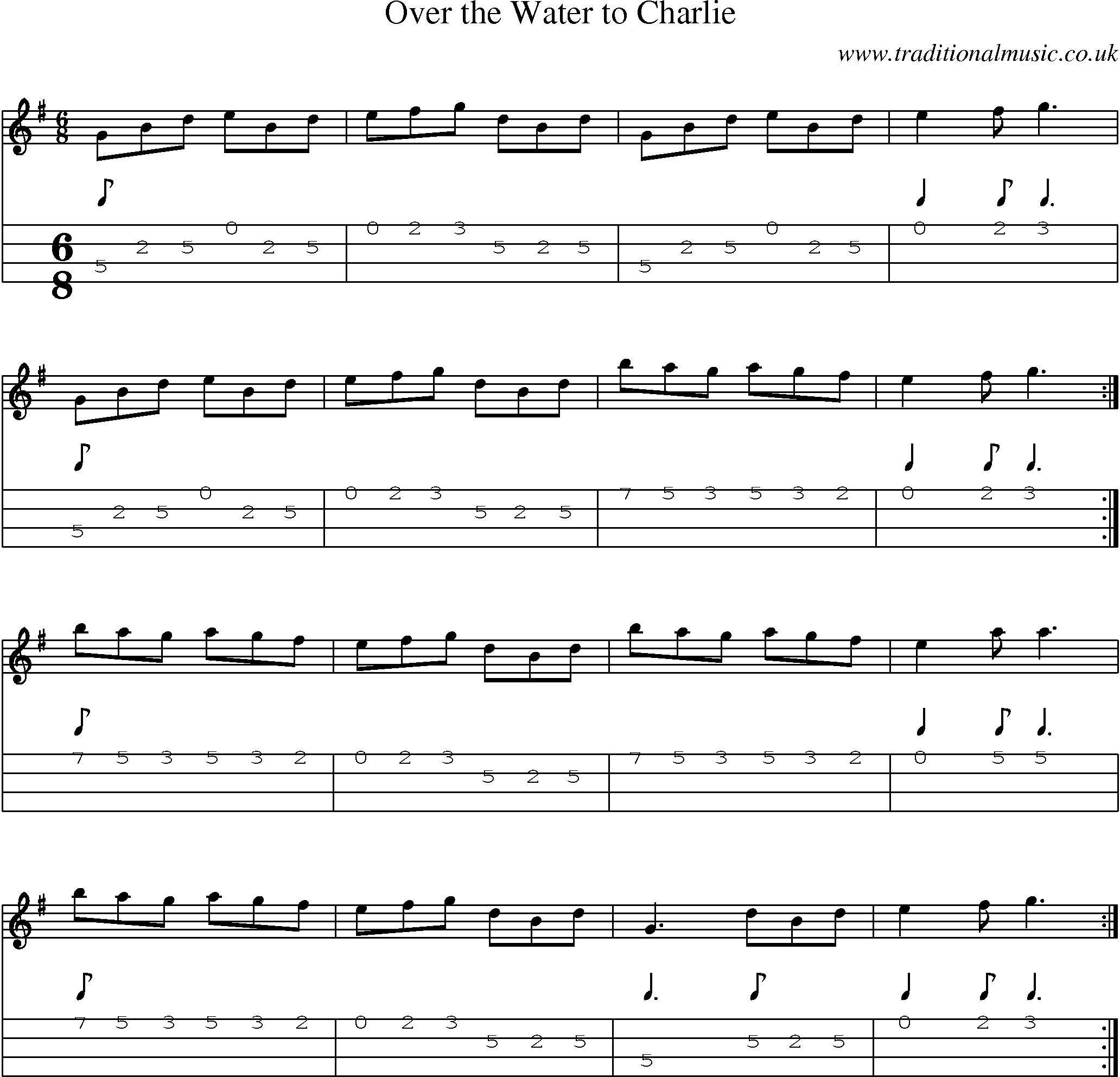 Music Score and Mandolin Tabs for Over Water To Charlie